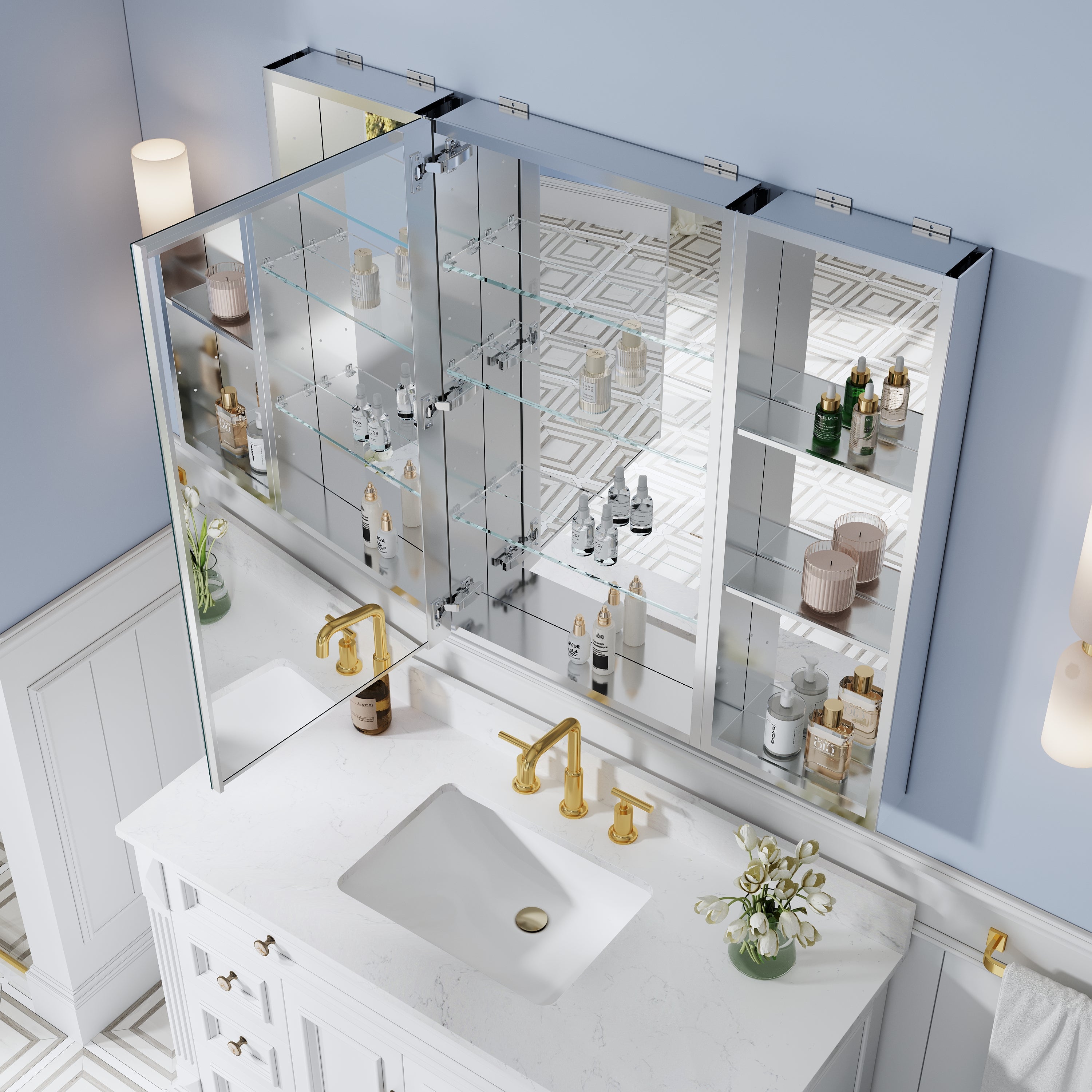 44 in. ×36 in. Bathroom Medicine Cabinet Set with Copper-Free Tri-View Mirror and Open Side Cabinet, Recessed or Surface Mount