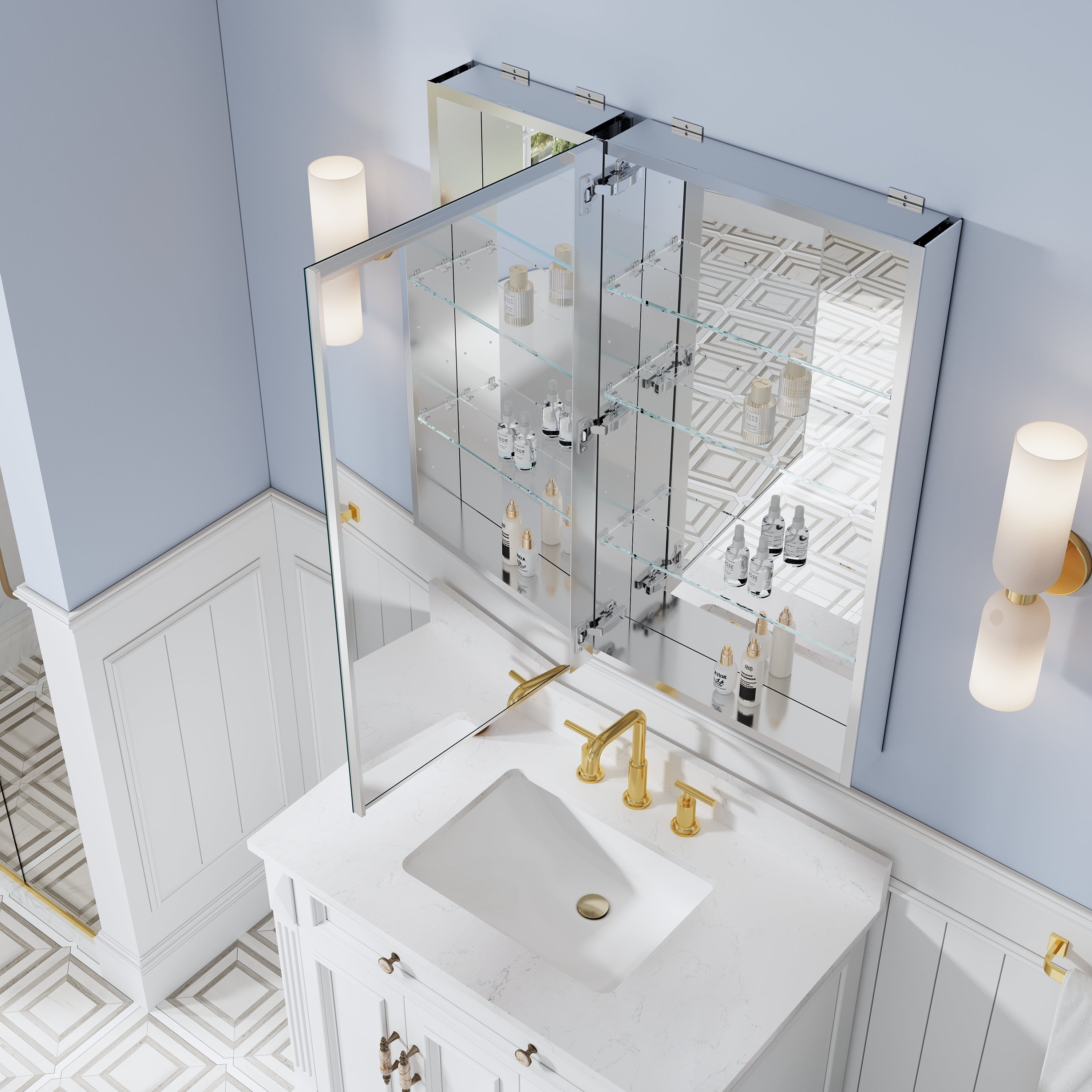 32 in. ×36 in. Bathroom Medicine Cabinet Set with Copper-Free Tri-View Mirror and Open Side Cabinet, Recessed or Surface Mount