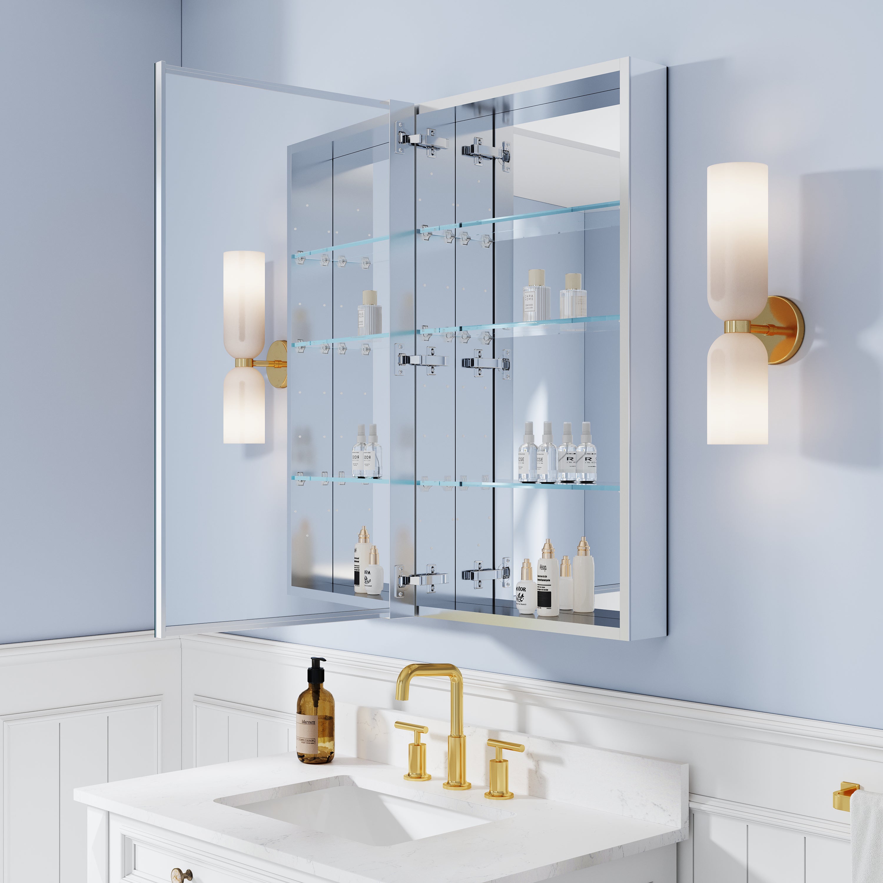 32 in. ×36 in. Bathroom Medicine Cabinet Set with Copper-Free Tri-View Mirror and Open Side Cabinet, Recessed or Surface Mount