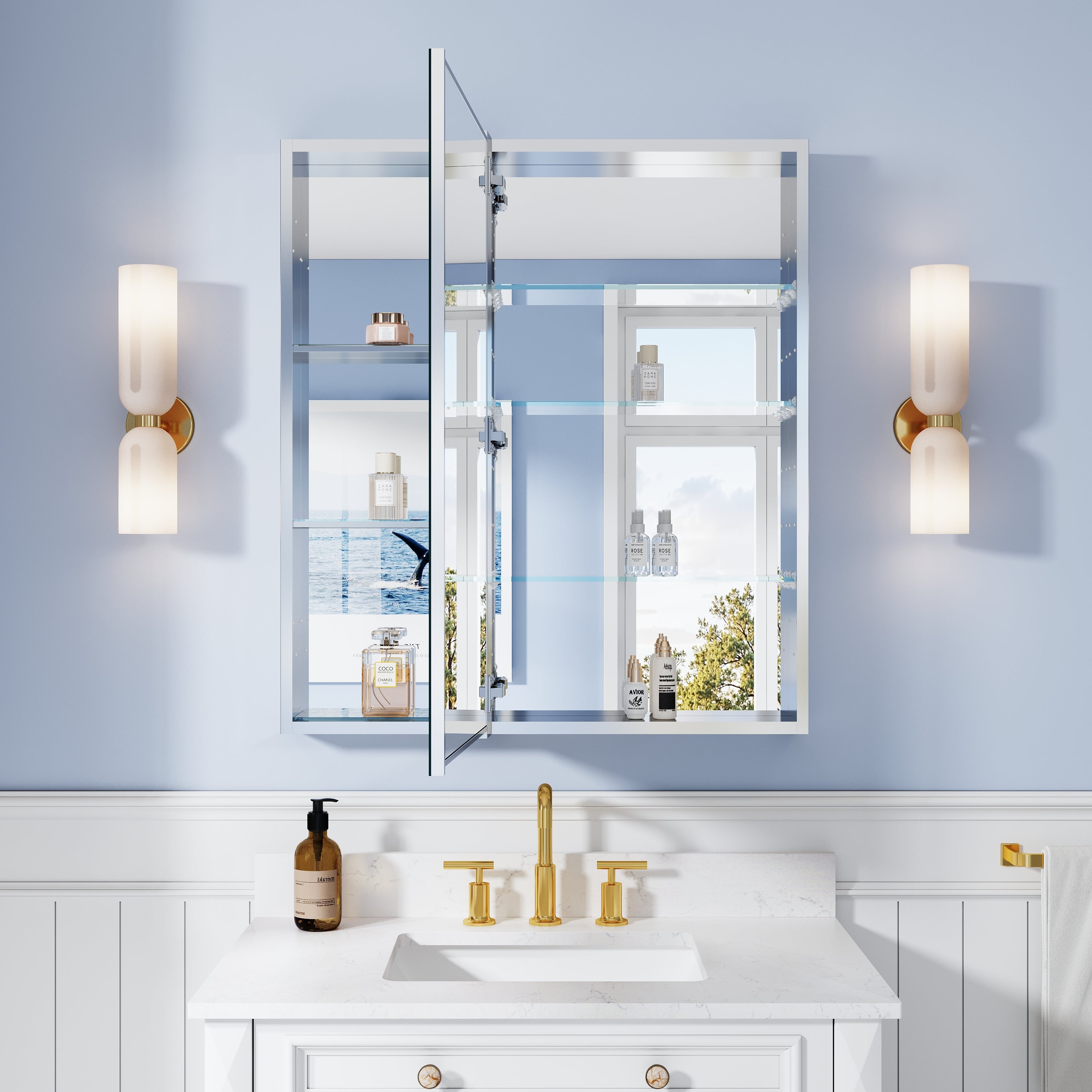 32 in. ×36 in. Bathroom Medicine Cabinet Set with Copper-Free Tri-View Mirror and Open Side Cabinet, Recessed or Surface Mount