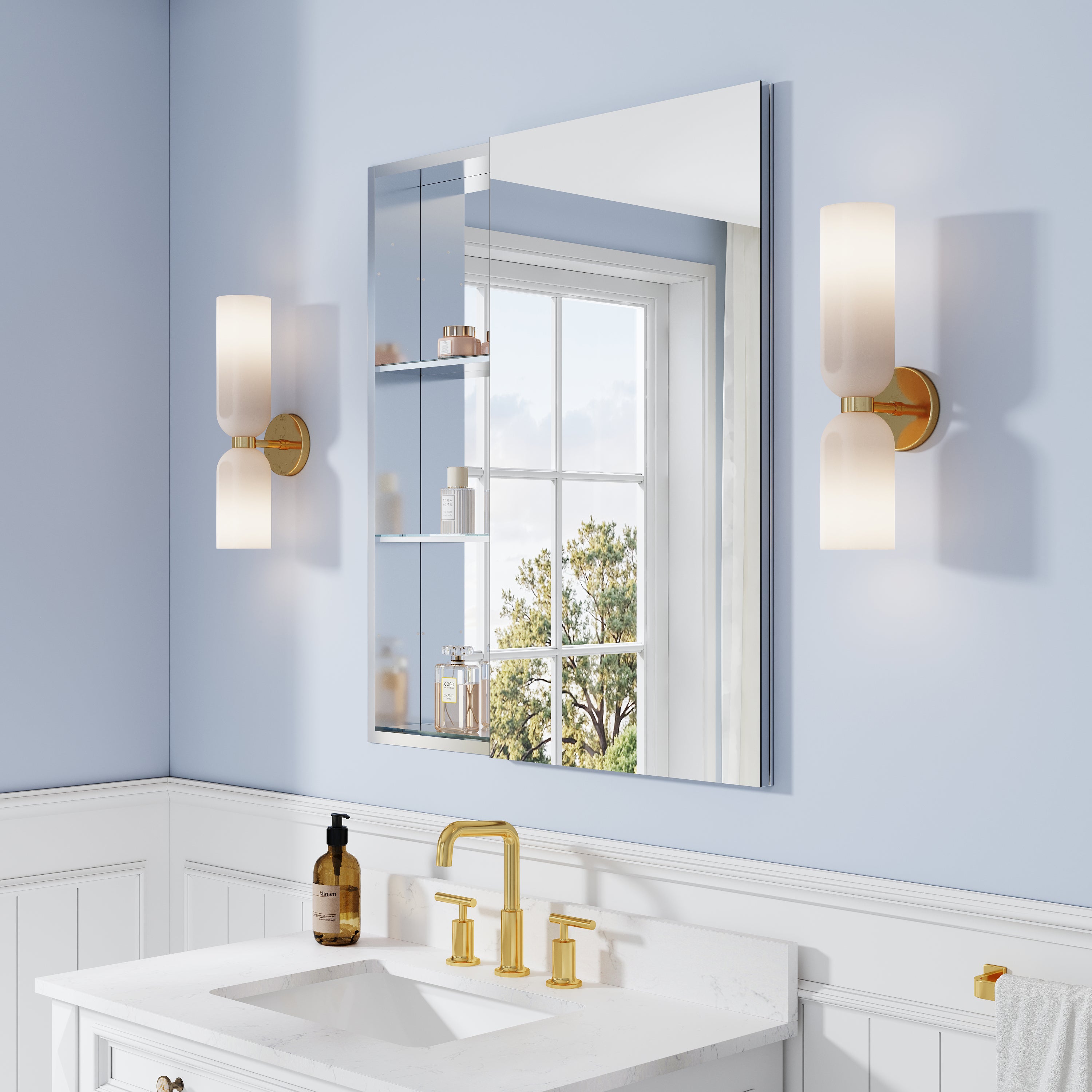 32 in. ×36 in. Bathroom Medicine Cabinet Set with Copper-Free Tri-View Mirror and Open Side Cabinet, Recessed or Surface Mount