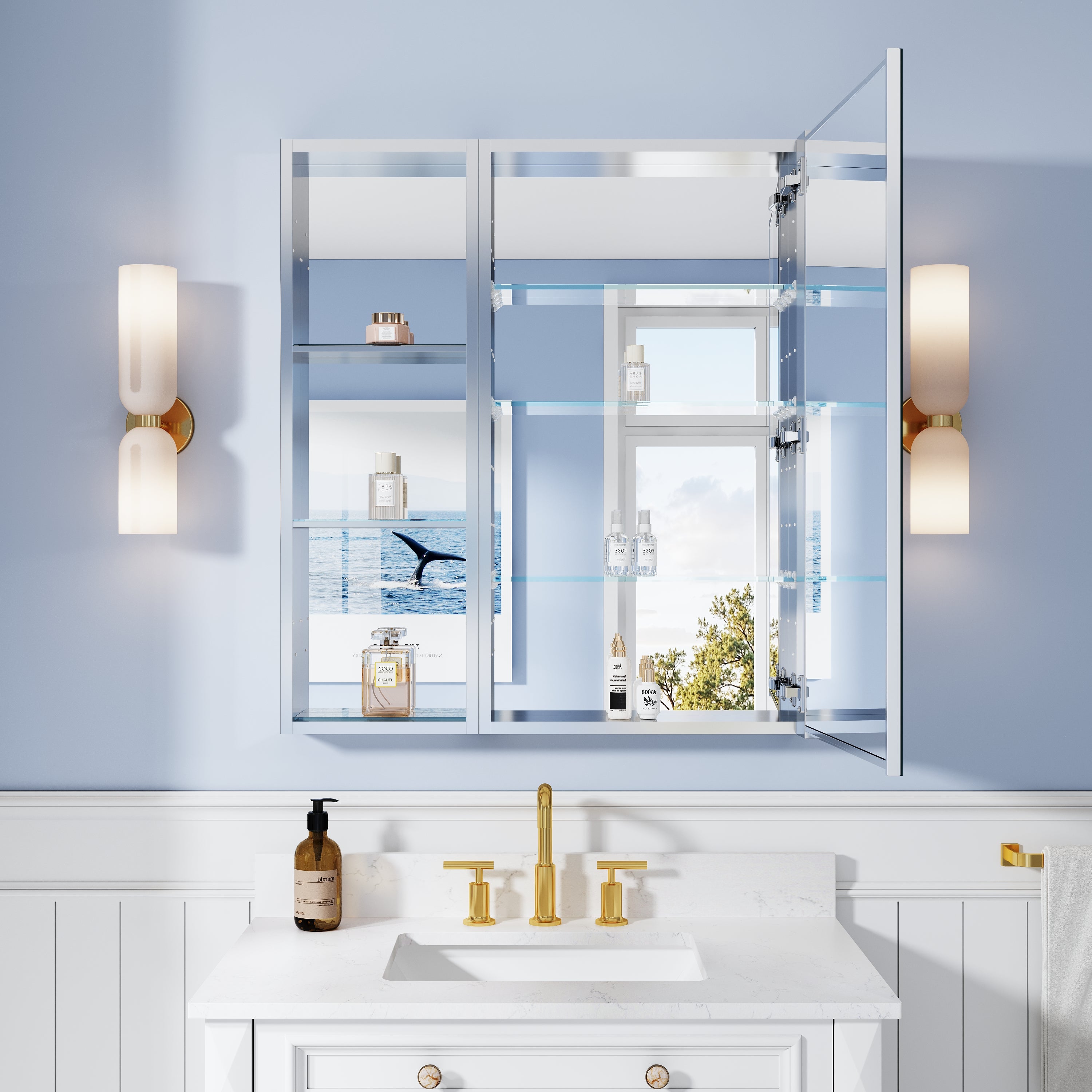 32 in. ×36 in. Bathroom Medicine Cabinet Set with Copper-Free Tri-View Mirror and Open Side Cabinet, Recessed or Surface Mount