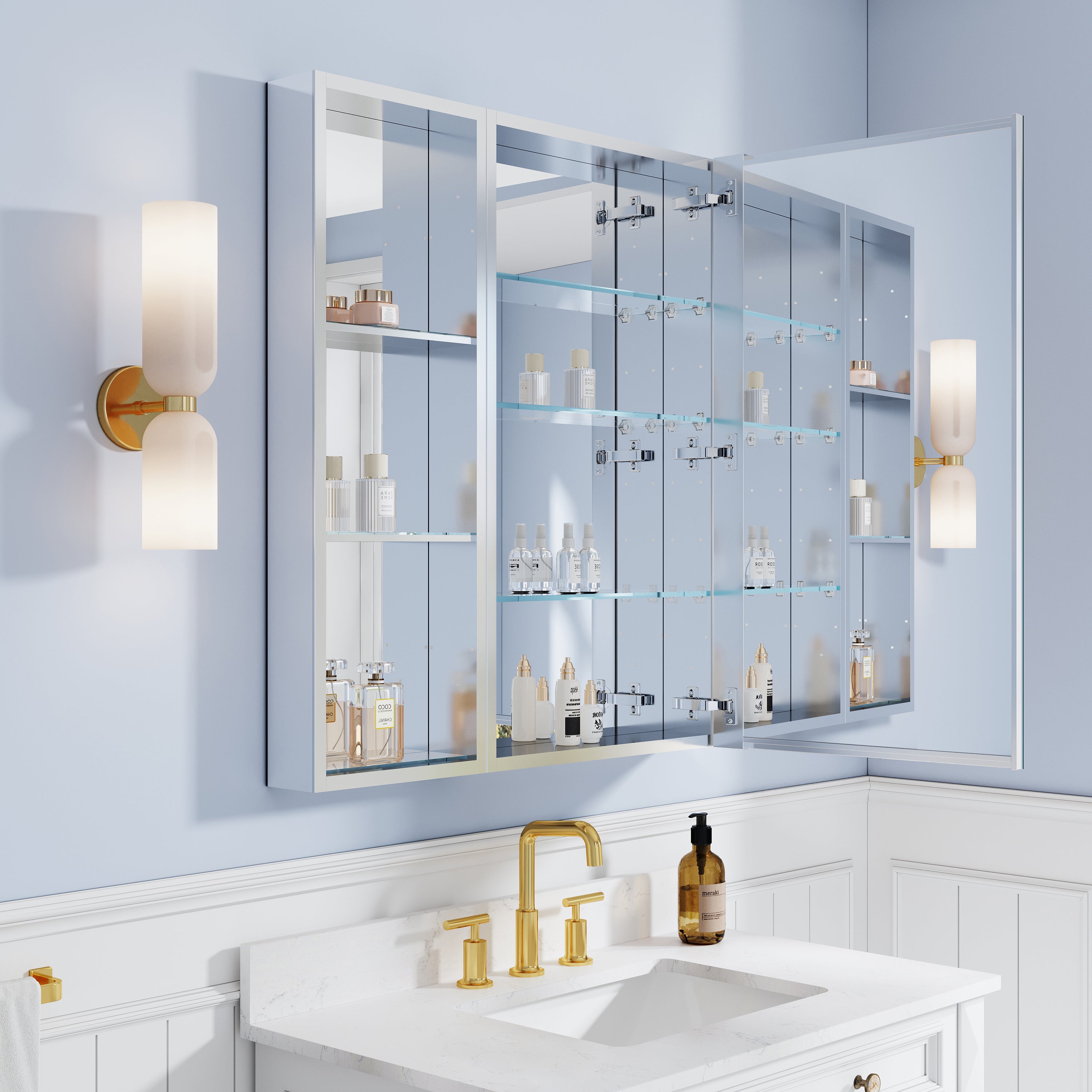 32 in. ×36 in. Bathroom Medicine Cabinet Set with Copper-Free Tri-View Mirror and Open Side Cabinet, Recessed or Surface Mount