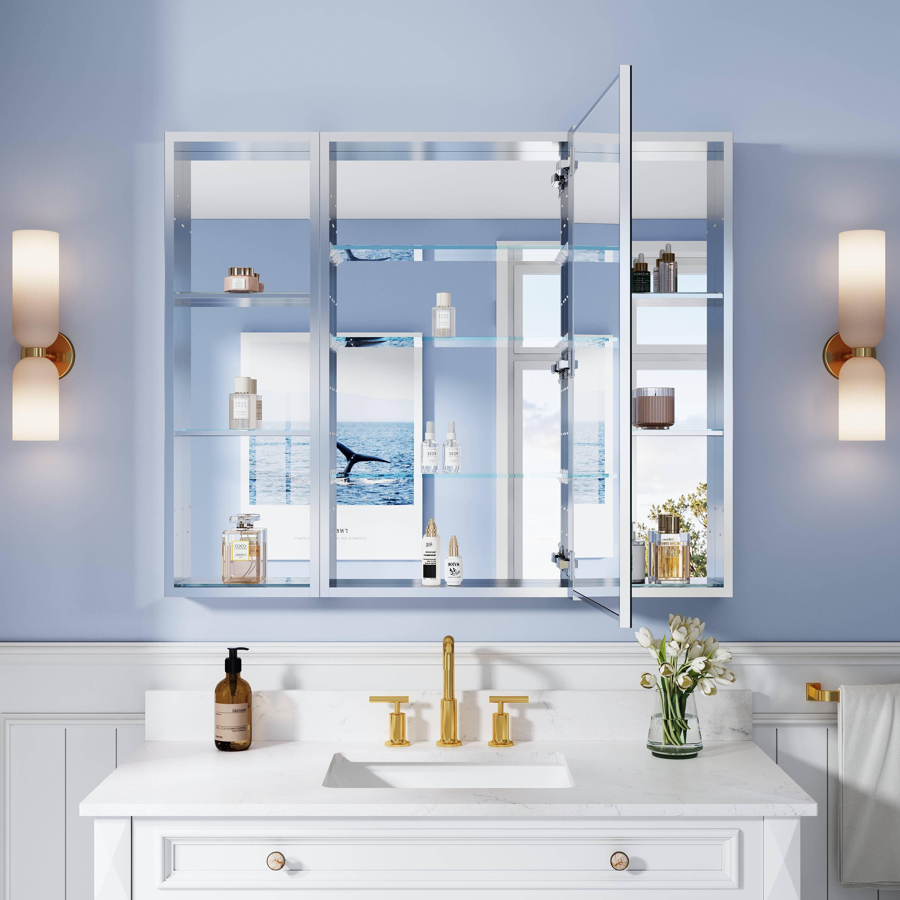 44 in. ×36 in. Bathroom Medicine Cabinet Set with Copper-Free Tri-View Mirror and Open Side Cabinet, Recessed or Surface Mount