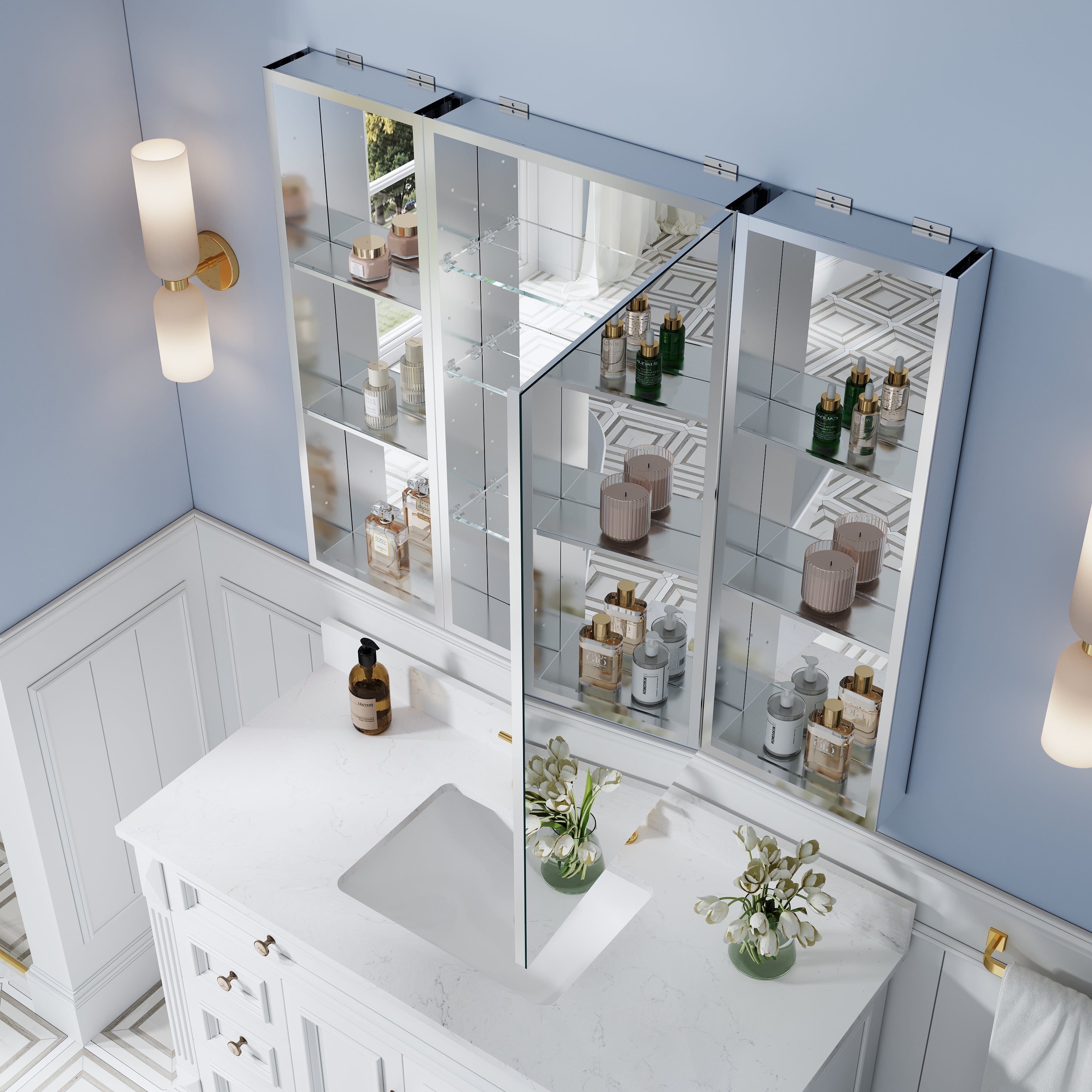 44 in. ×36 in. Bathroom Medicine Cabinet Set with Copper-Free Tri-View Mirror and Open Side Cabinet, Recessed or Surface Mount