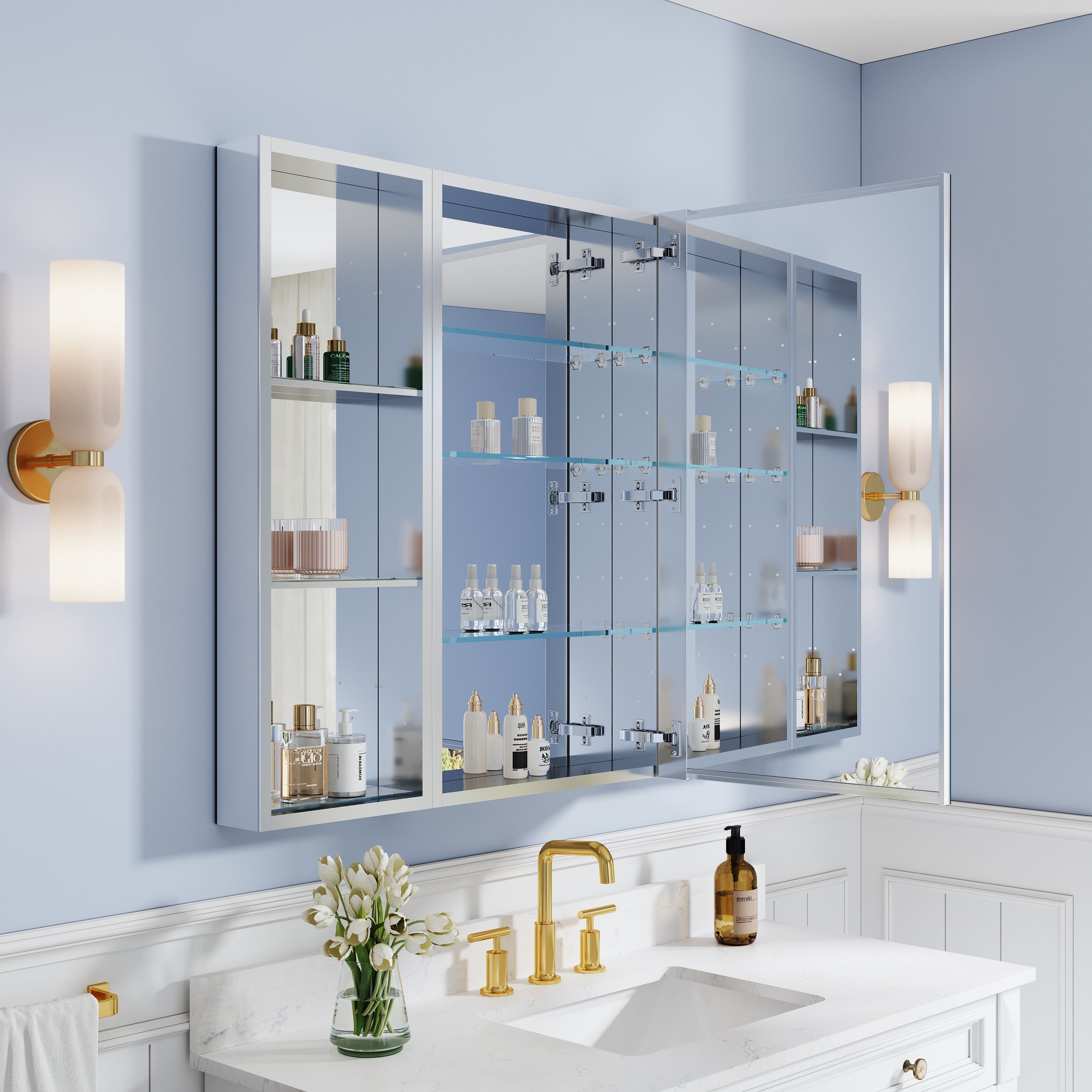 44 in. ×36 in. Bathroom Medicine Cabinet Set with Copper-Free Tri-View Mirror and Open Side Cabinet, Recessed or Surface Mount