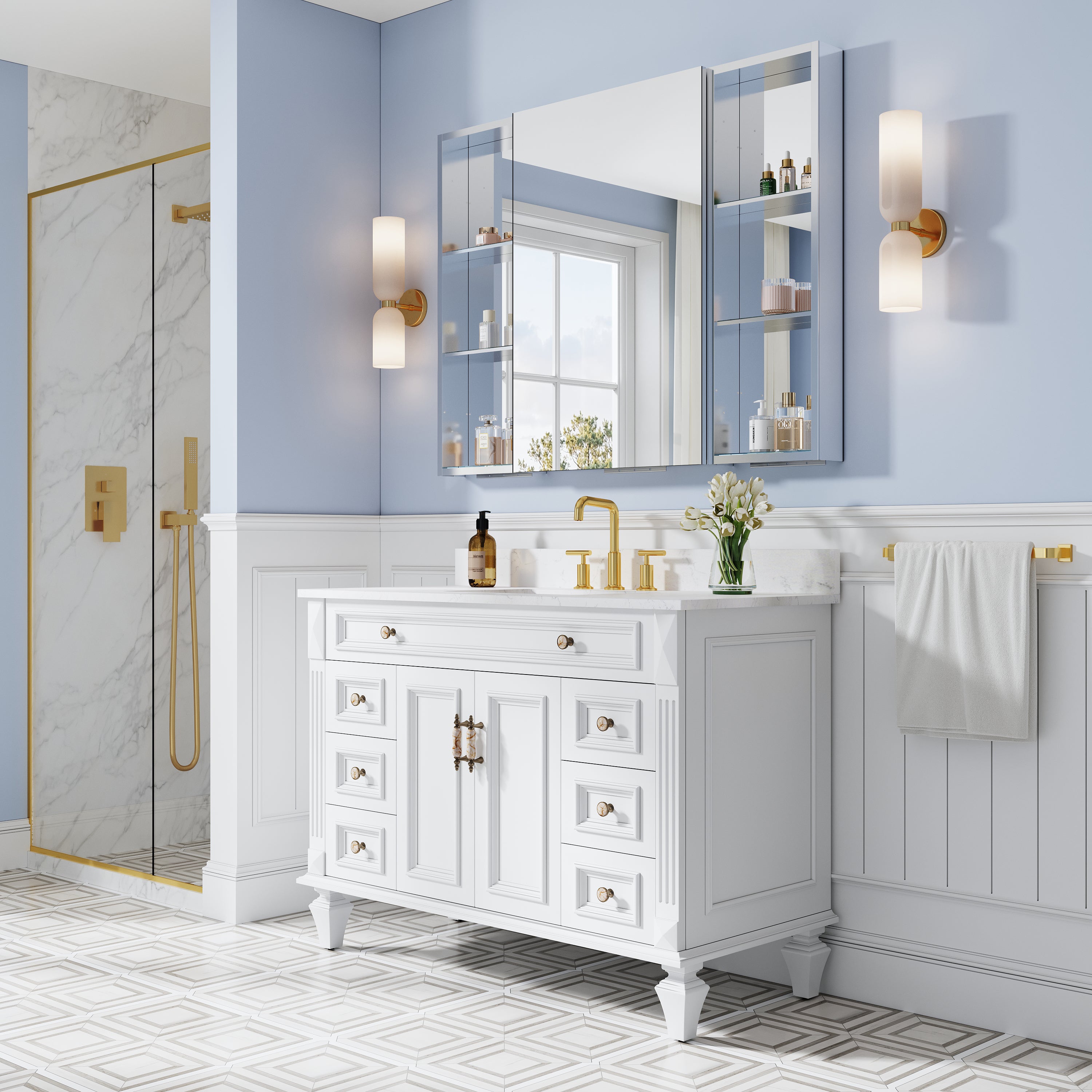 48 in. ×36 in. Bathroom Medicine Cabinet Set with Copper-Free Tri-View Mirror and Open Side Cabinet, Recessed or Surface Mount