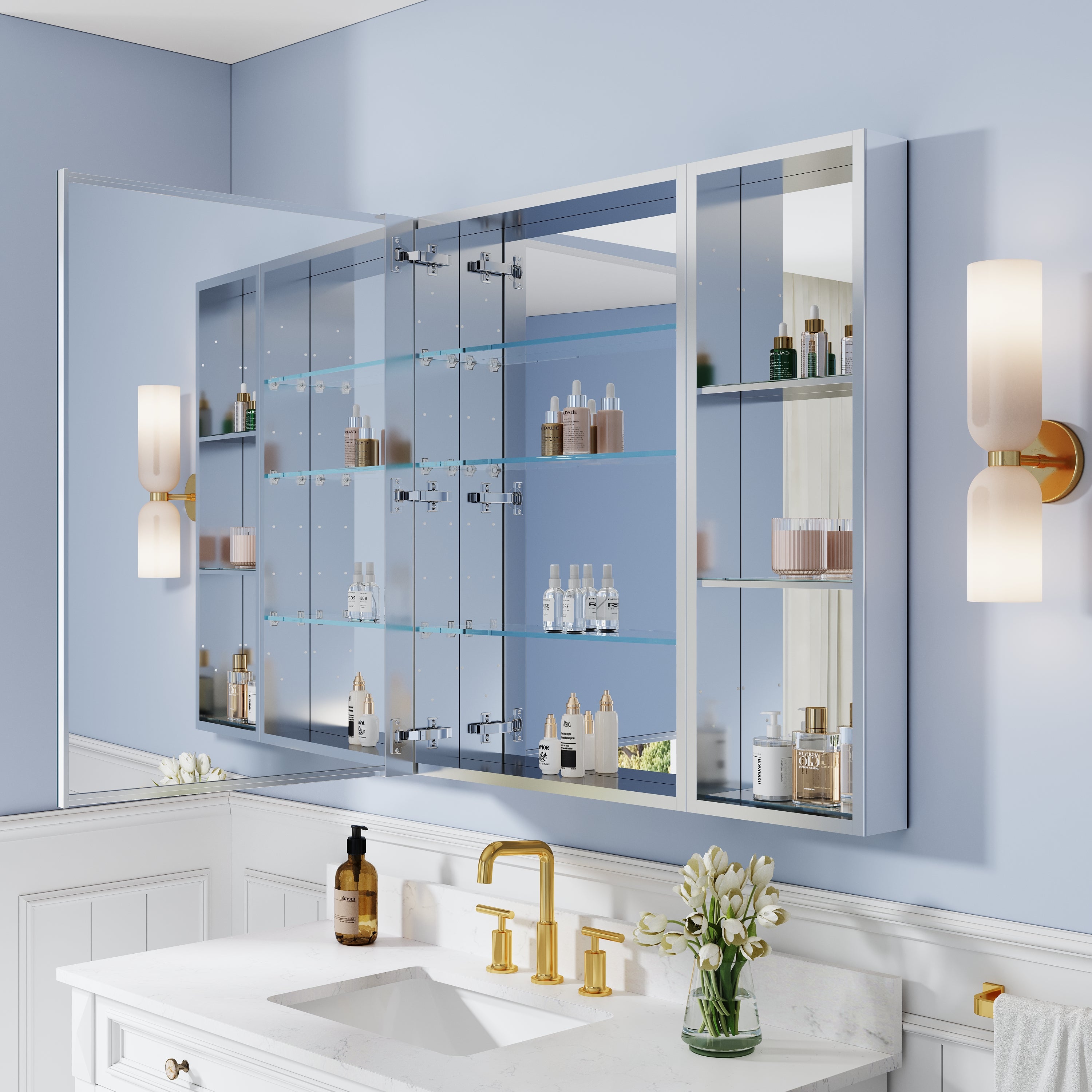 48 in. ×36 in. Bathroom Medicine Cabinet Set with Copper-Free Tri-View Mirror and Open Side Cabinet, Recessed or Surface Mount