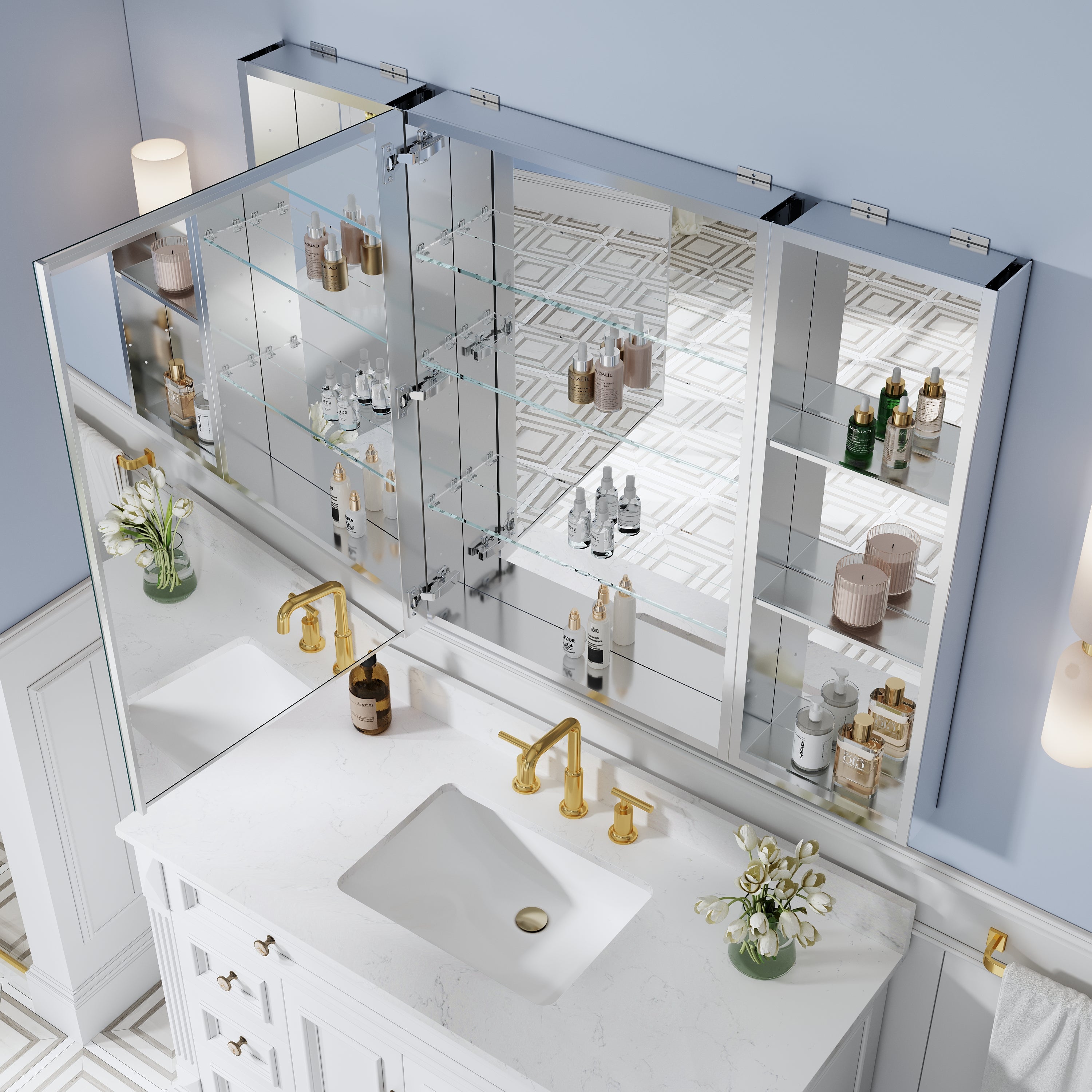 48 in. ×36 in. Bathroom Medicine Cabinet Set with Copper-Free Tri-View Mirror and Open Side Cabinet, Recessed or Surface Mount