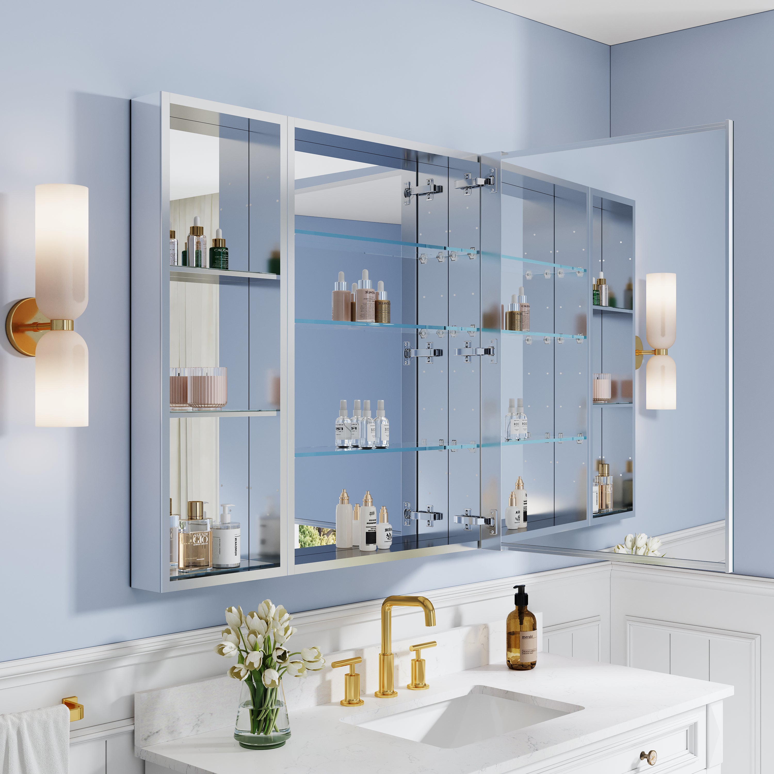 48 in. ×36 in. Bathroom Medicine Cabinet Set with Copper-Free Tri-View Mirror and Open Side Cabinet, Recessed or Surface Mount