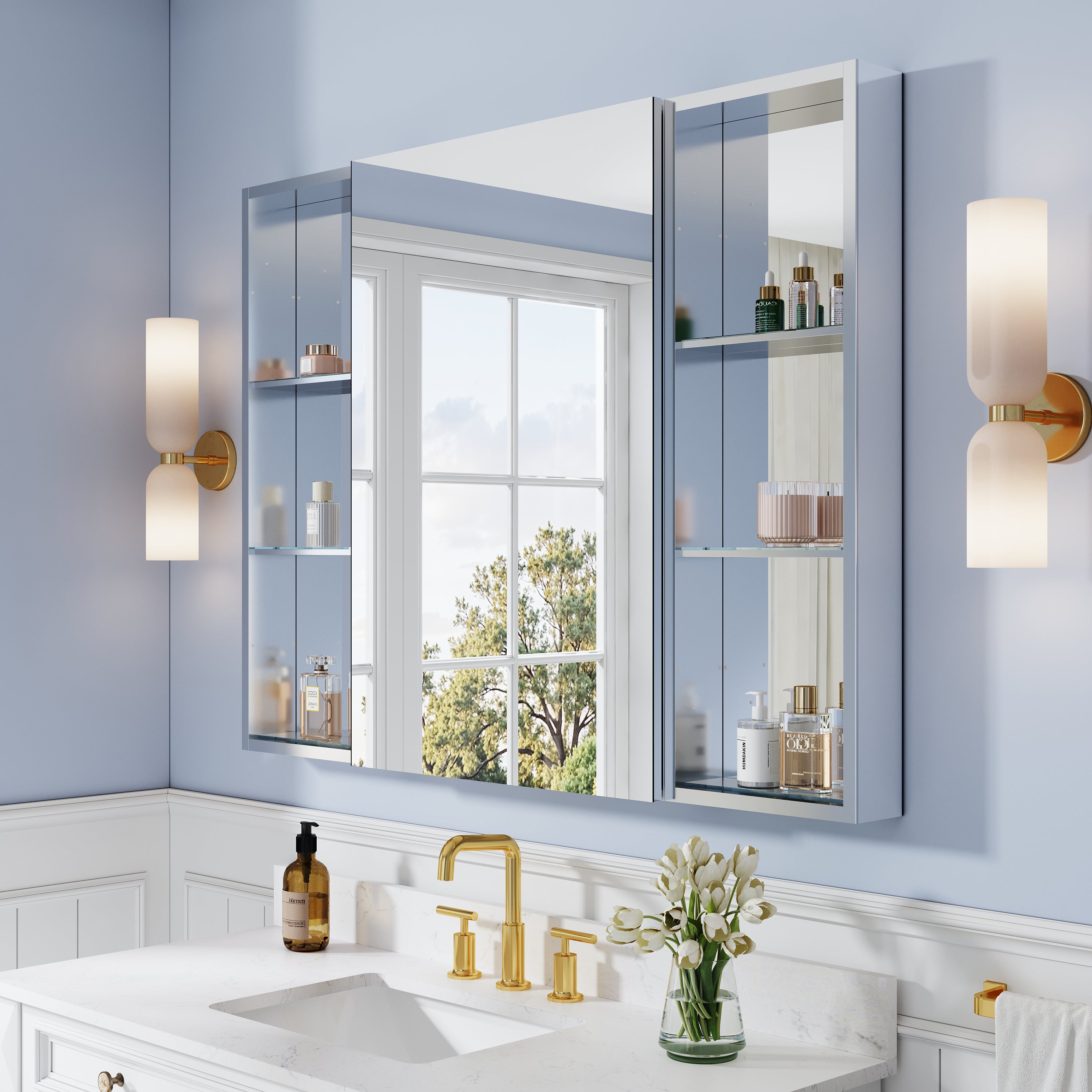 48 in. ×36 in. Bathroom Medicine Cabinet Set with Copper-Free Tri-View Mirror and Open Side Cabinet, Recessed or Surface Mount