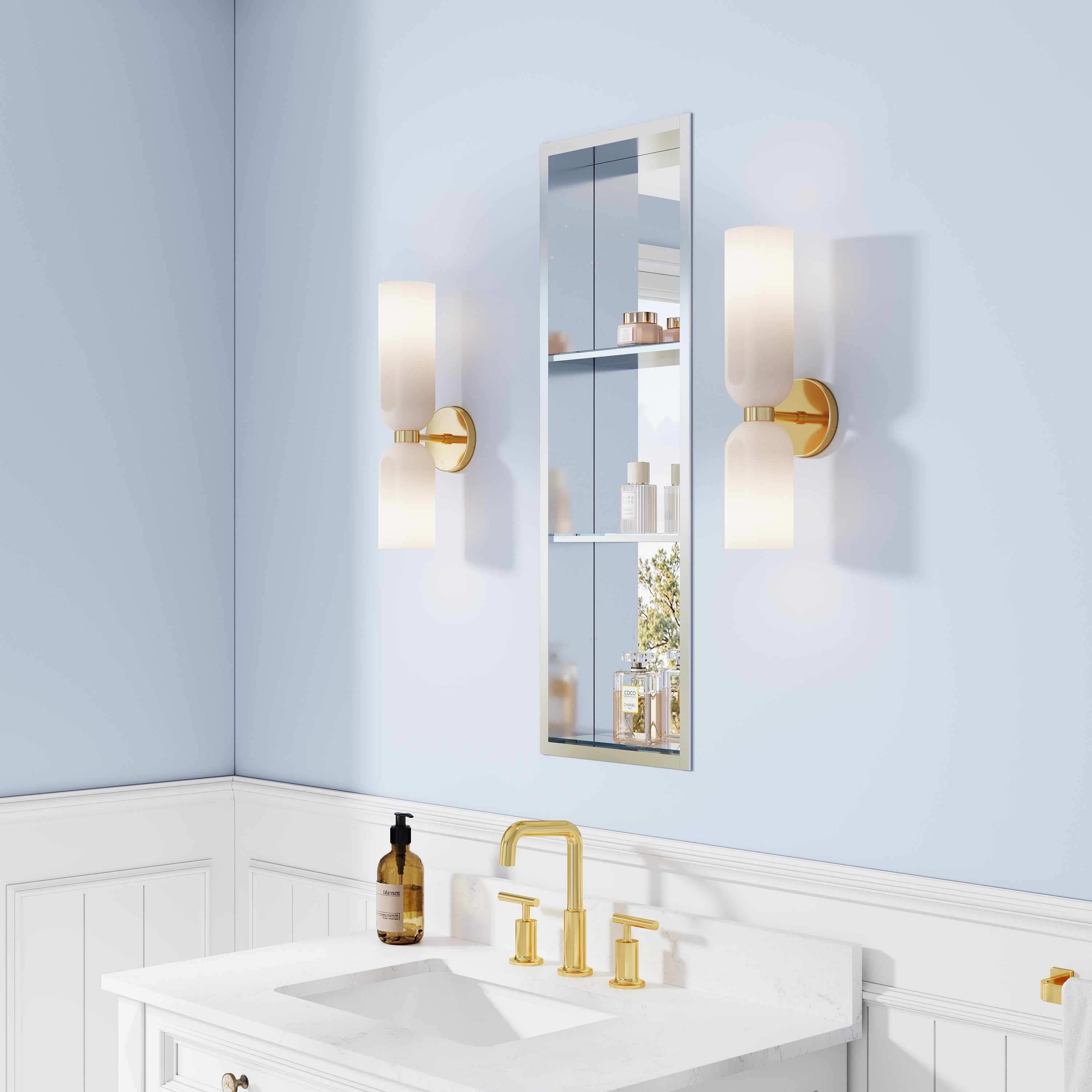 12 in.×36 in. Recessed/Surface Mount Mirror Cabinet with Open Shelves and 3 PCS Tempered Glass