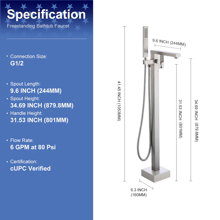 Freestanding Single Handle Bath Tub Filler Faucet with Hand Shower
