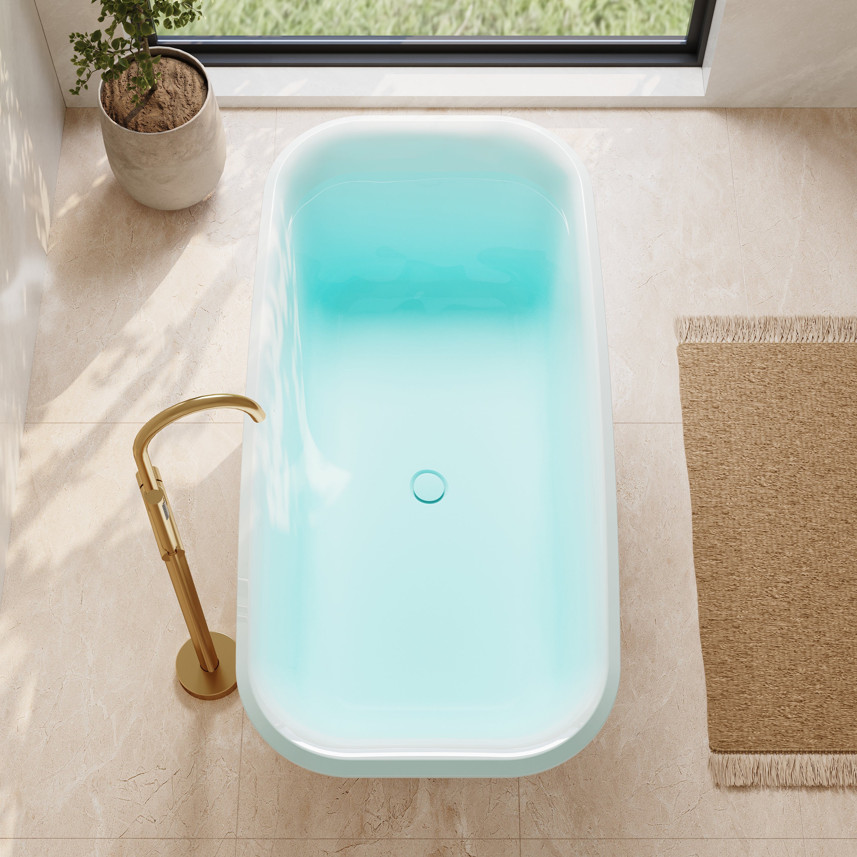 59" Modern Freestanding Acrylic Soaking Bathtub – 64 Gallon Deep Soaker Tub with Integrated Overflow