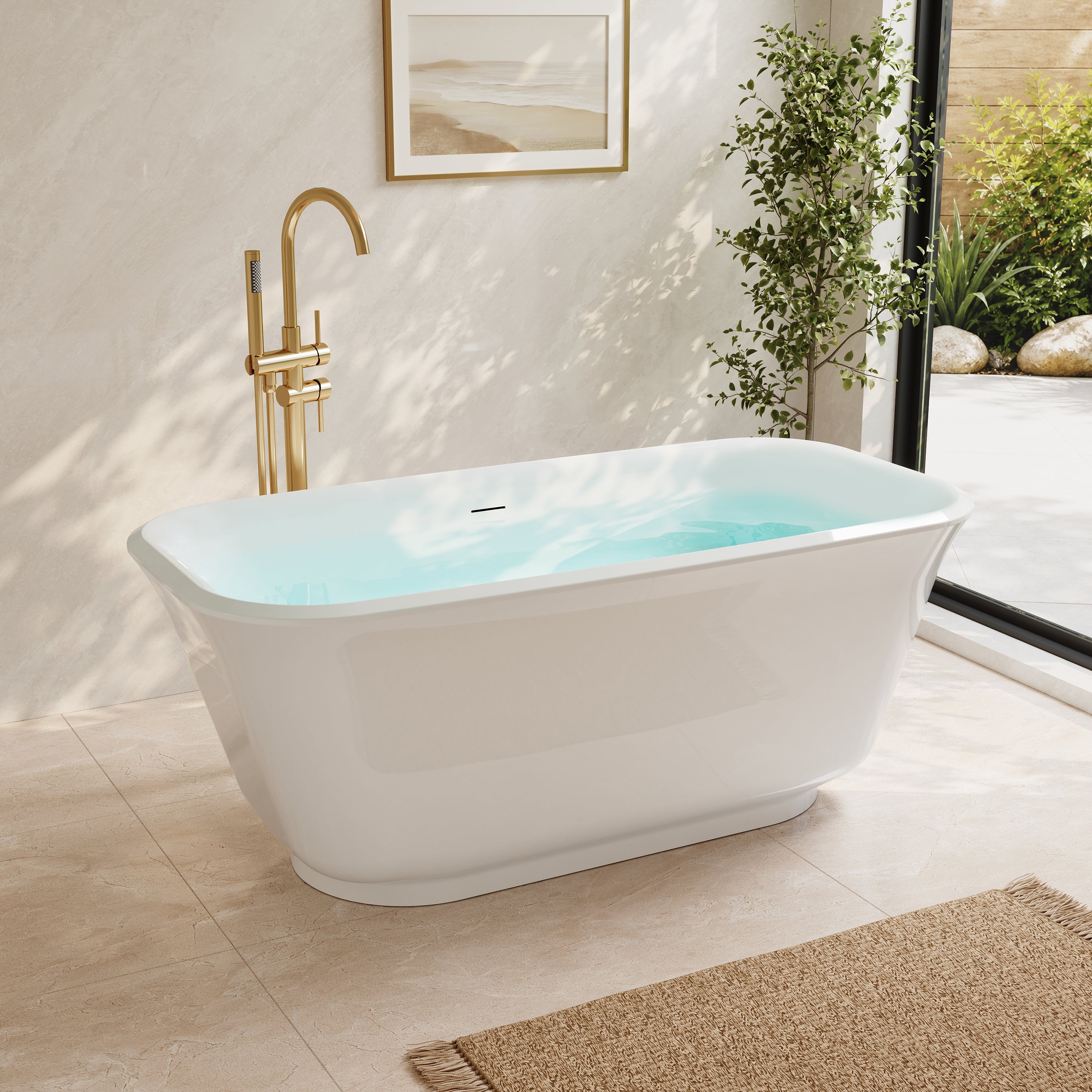 59" Modern Freestanding Acrylic Soaking Bathtub – 64 Gallon Deep Soaker Tub with Integrated Overflow