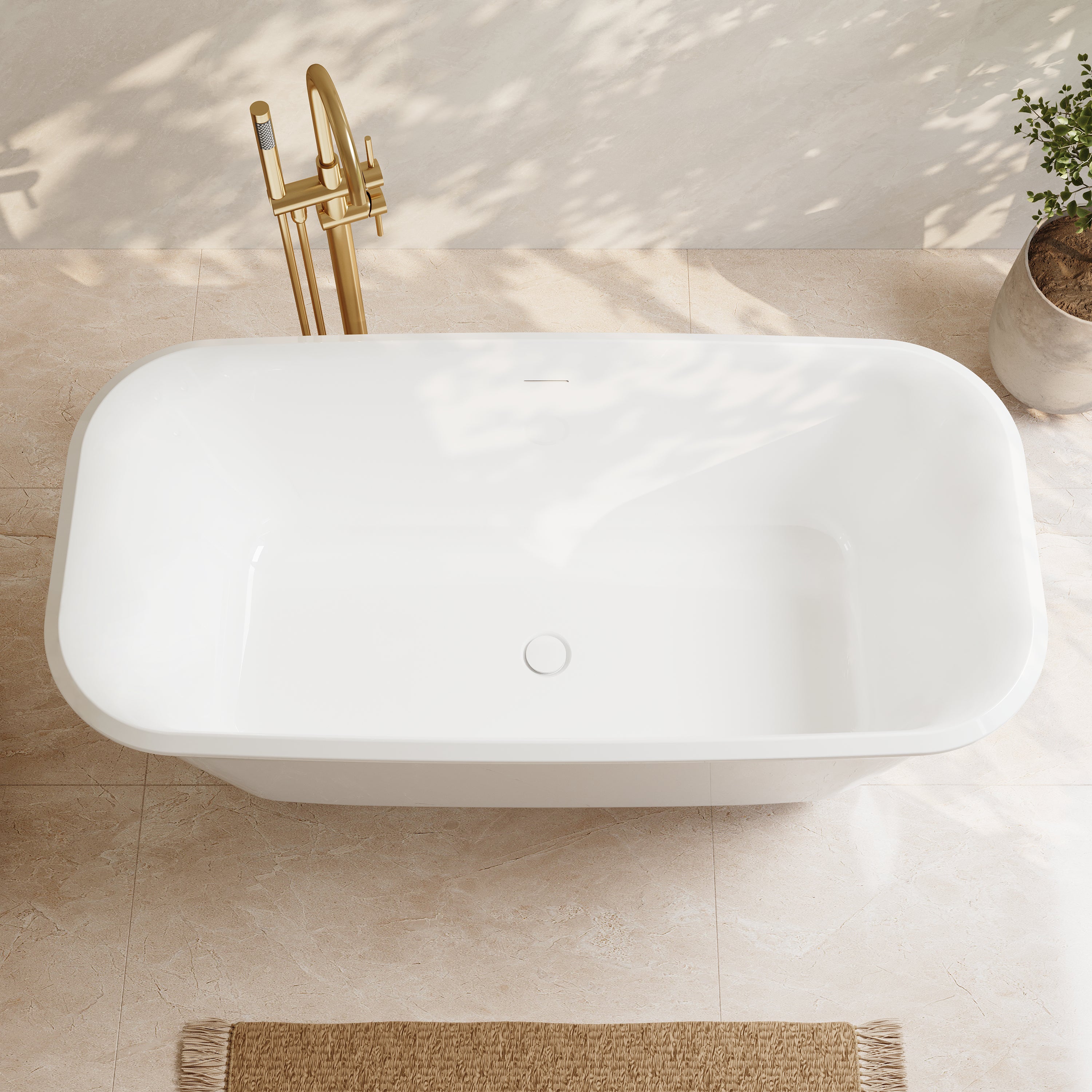 59" Modern Freestanding Acrylic Soaking Bathtub – 64 Gallon Deep Soaker Tub with Integrated Overflow