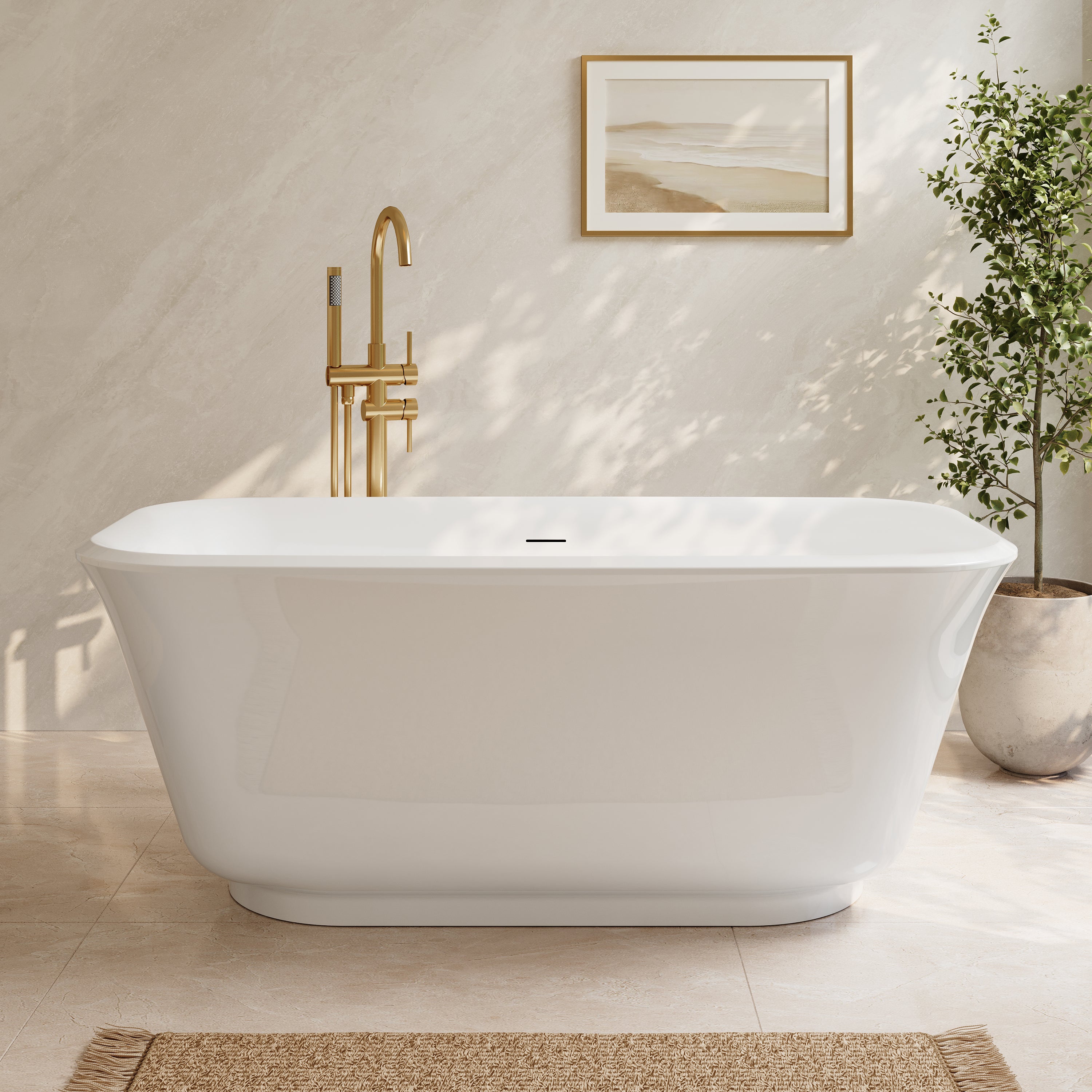 59" Modern Freestanding Acrylic Soaking Bathtub – 64 Gallon Deep Soaker Tub with Integrated Overflow