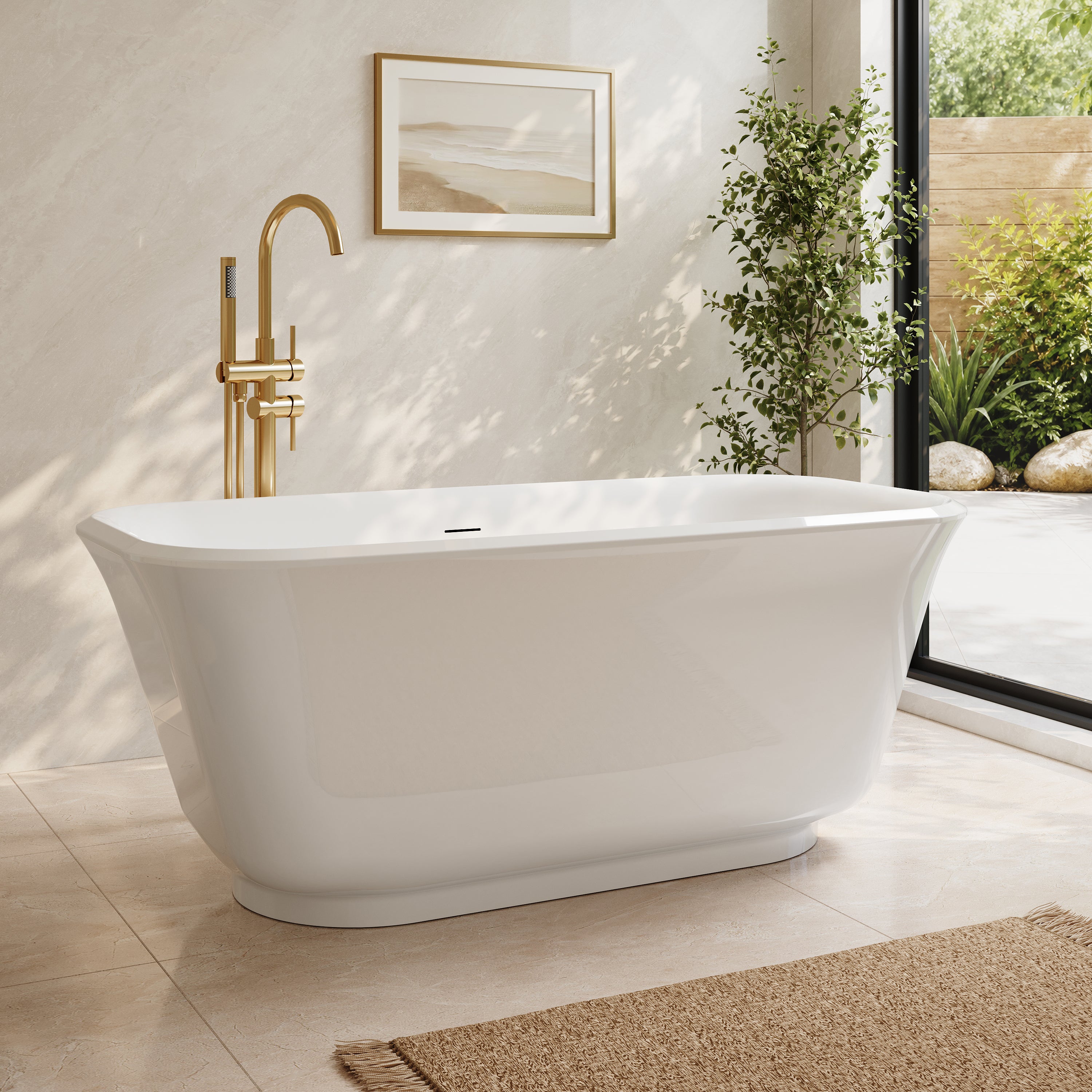 59" Modern Freestanding Acrylic Soaking Bathtub – 64 Gallon Deep Soaker Tub with Integrated Overflow