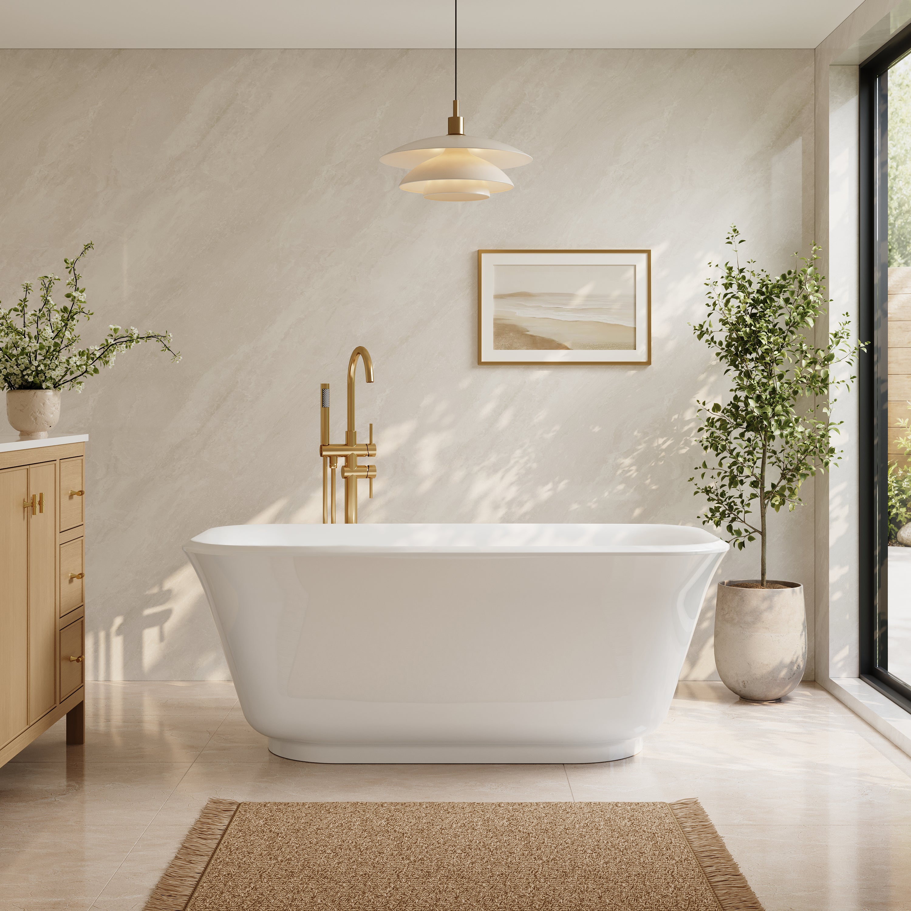 59" Modern Freestanding Acrylic Soaking Bathtub – 64 Gallon Deep Soaker Tub with Integrated Overflow