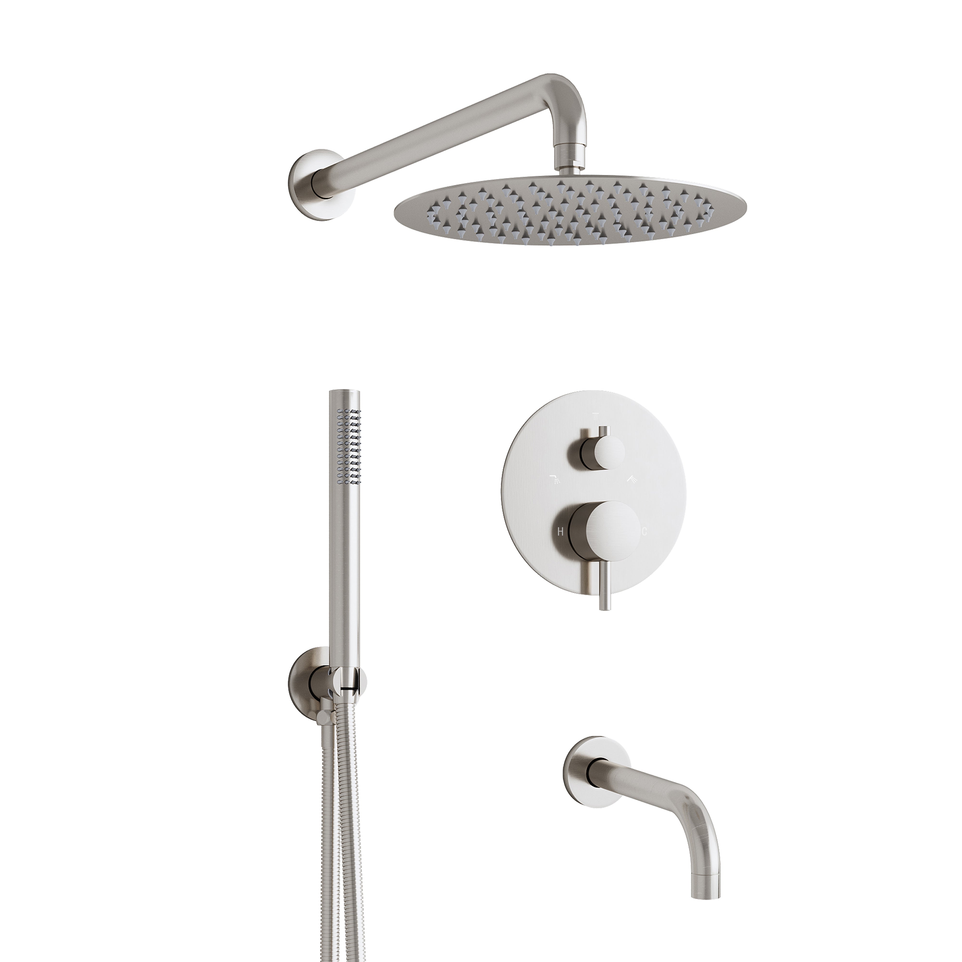 3-Function Shower System with Tub Spout, 10-Inch Rainfall Head & Handheld – Pressure Balance Valve, 304 Stainless Steel