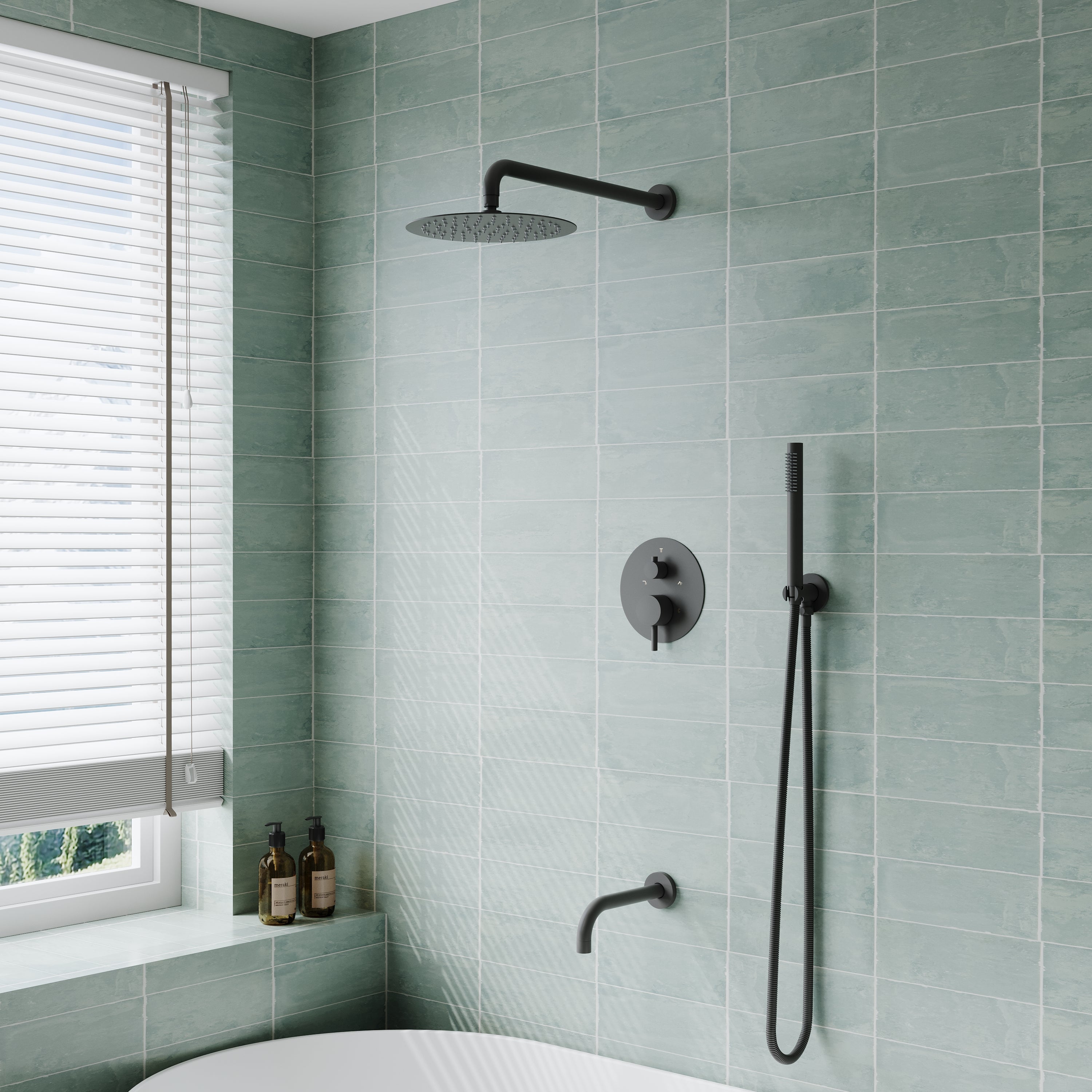 3-Function Shower System with Tub Spout, 10-Inch Rainfall Head & Handheld – Pressure Balance Valve, 304 Stainless Steel