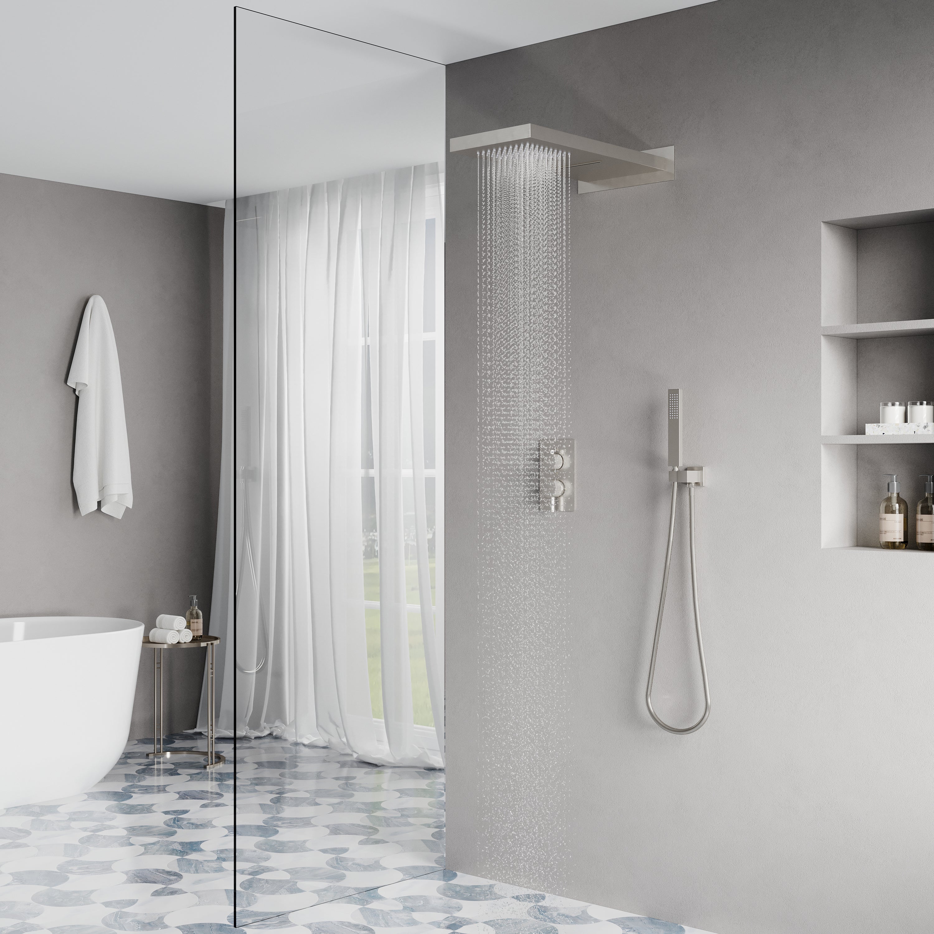 Wall-Mounted Shower System with Rainfall Head, Handheld & 3-Way Diverter – Pressure Balance Valve