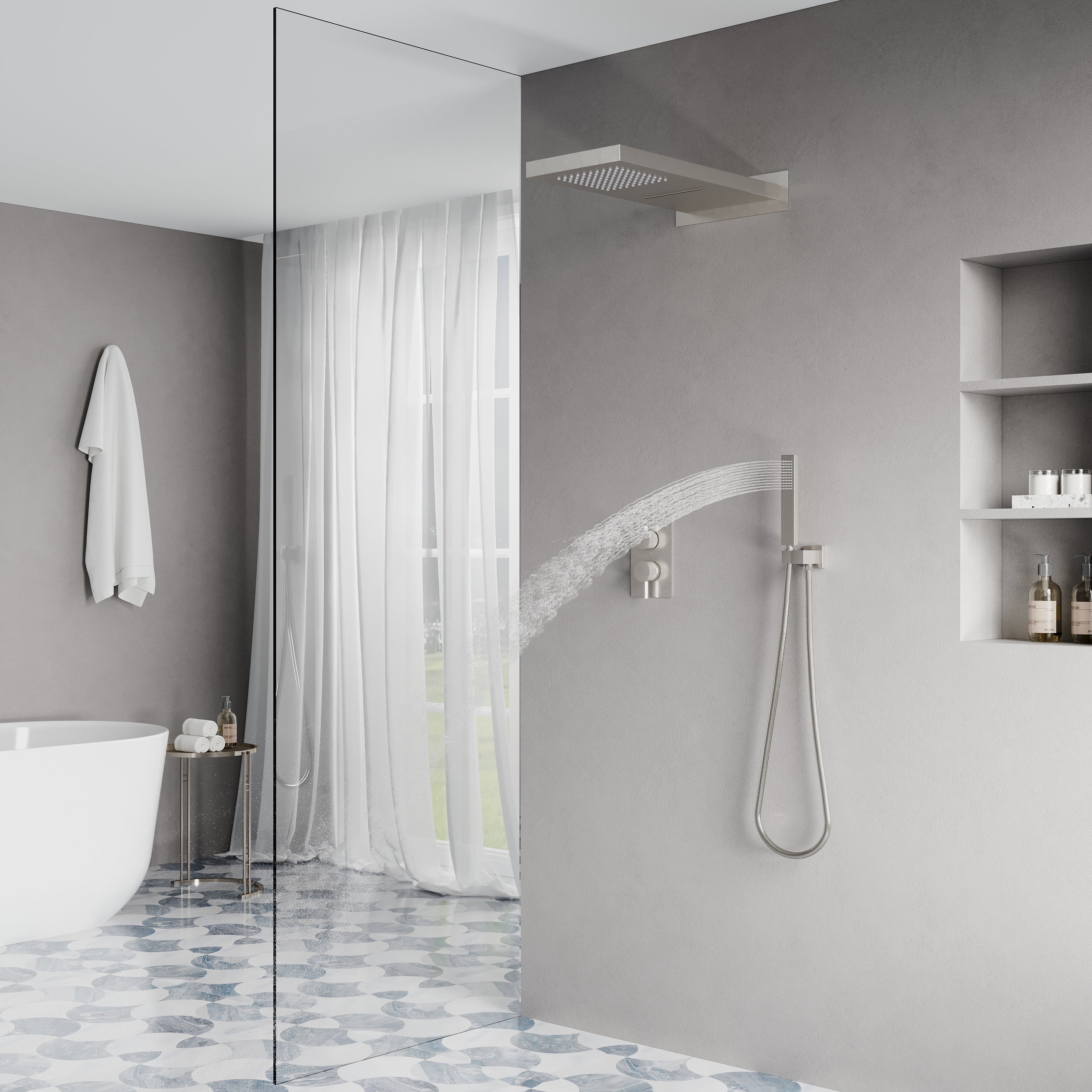 Wall-Mounted Shower System with Rainfall Head, Handheld & 3-Way Diverter – Pressure Balance Valve