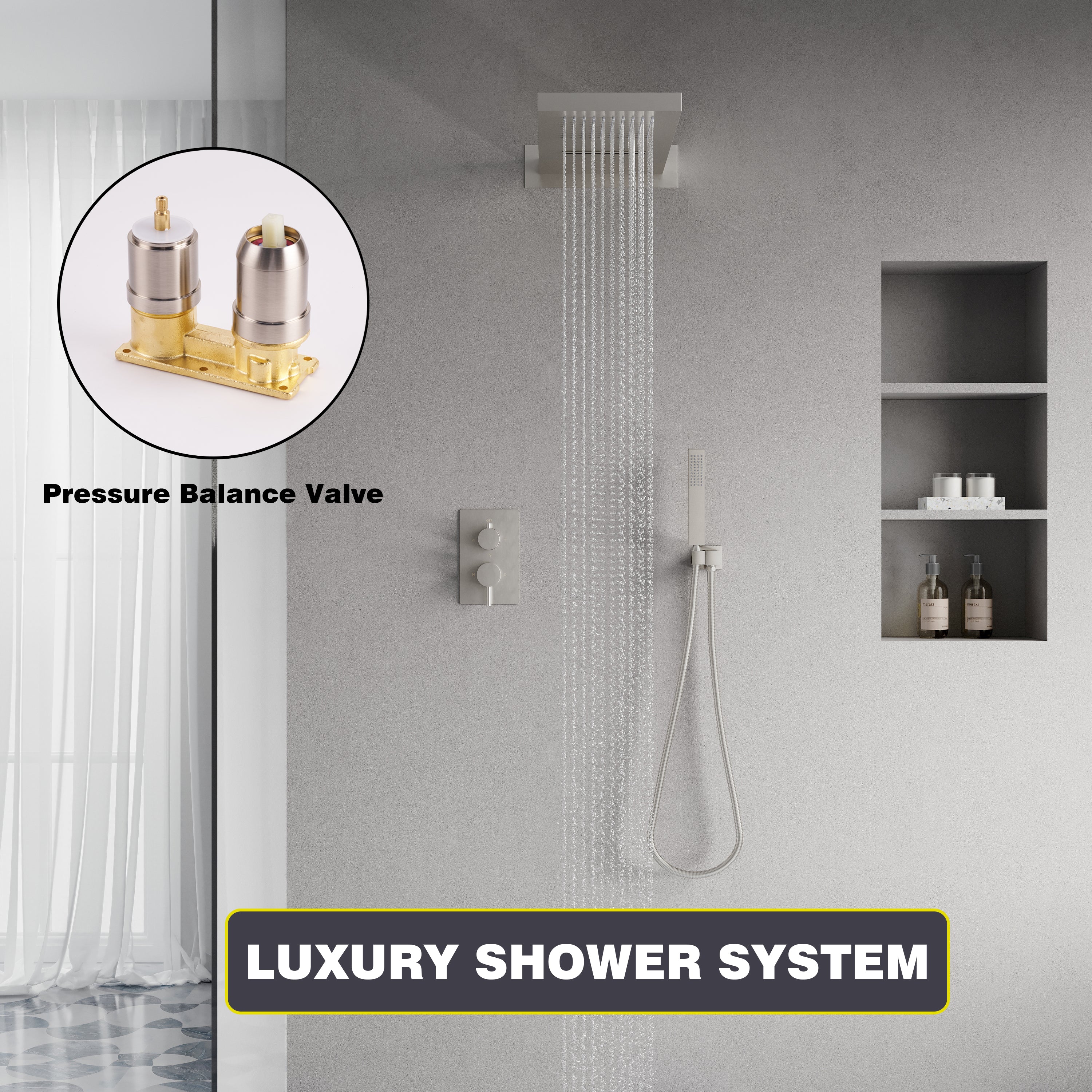 Wall-Mounted Shower System with Rainfall Head, Handheld & 3-Way Diverter – Pressure Balance Valve