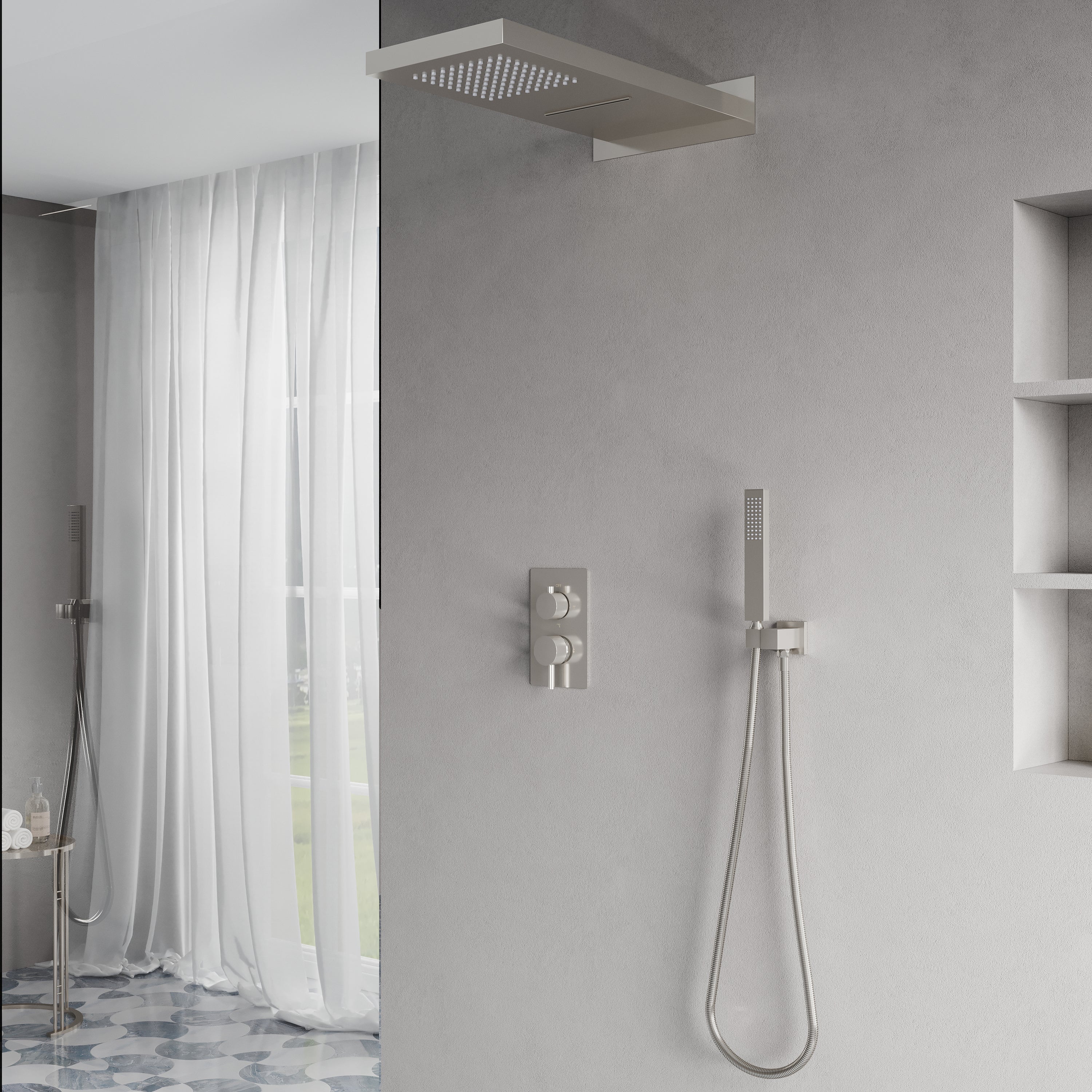 Wall-Mounted Shower System with Rainfall Head, Handheld & 3-Way Diverter – Pressure Balance Valve