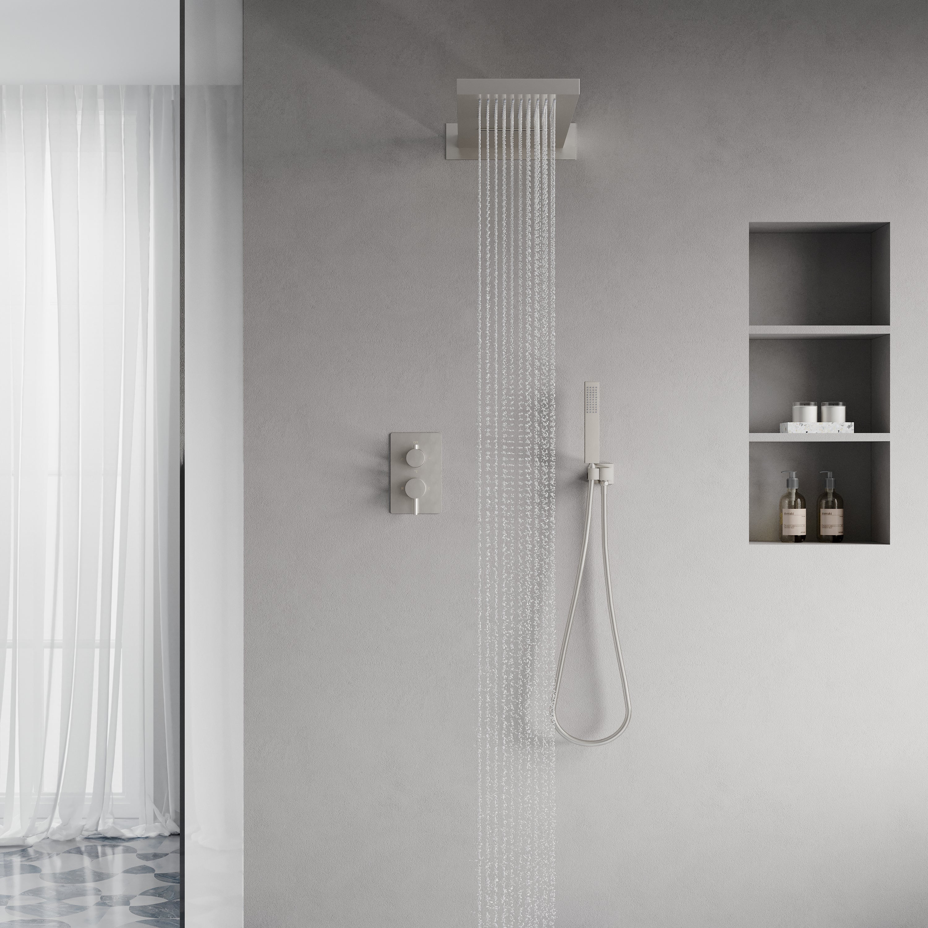 Wall-Mounted Shower System with Rainfall Head, Handheld & 3-Way Diverter – Pressure Balance Valve