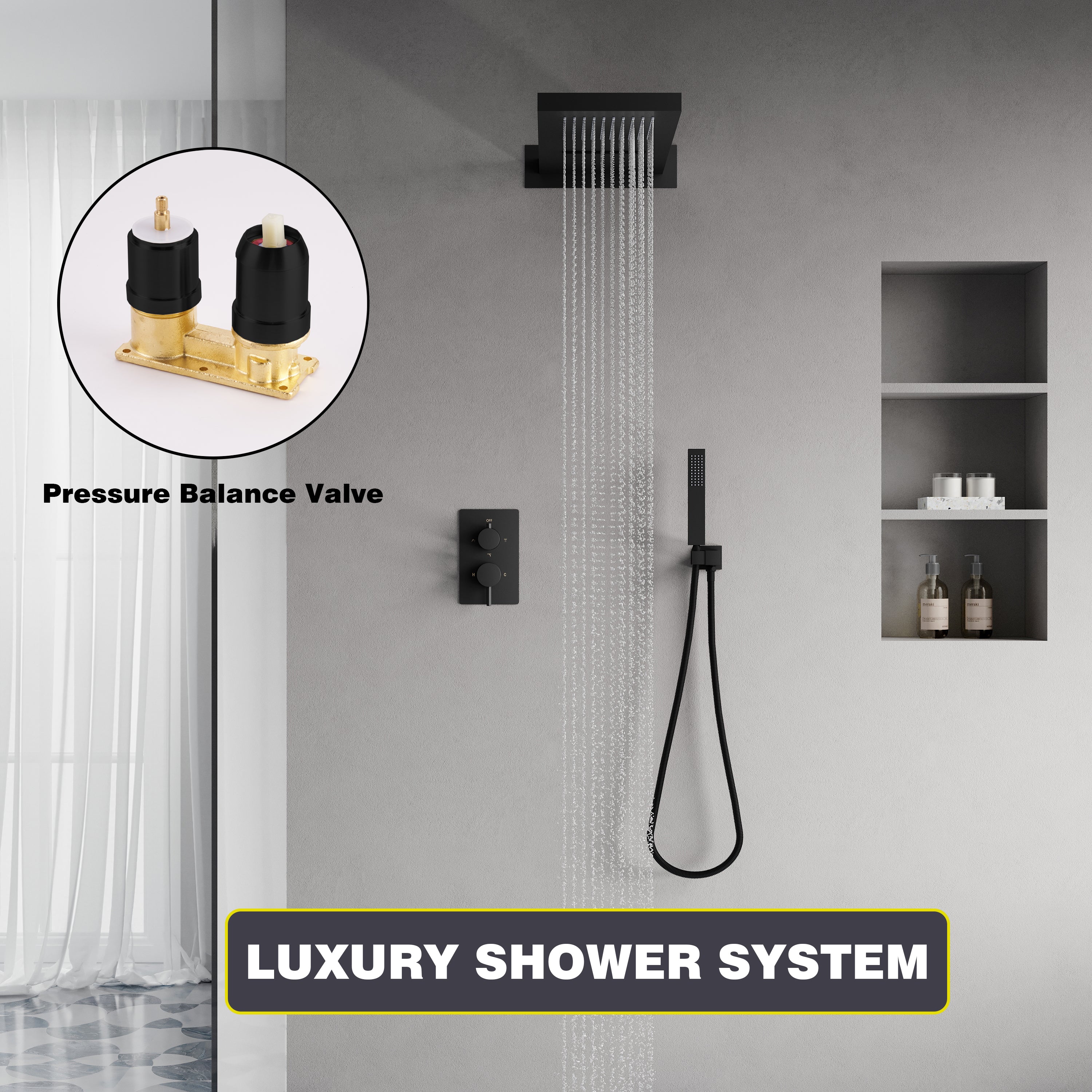 Wall-Mounted Shower System with Rainfall Head, Handheld & 3-Way Diverter – Pressure Balance Valve