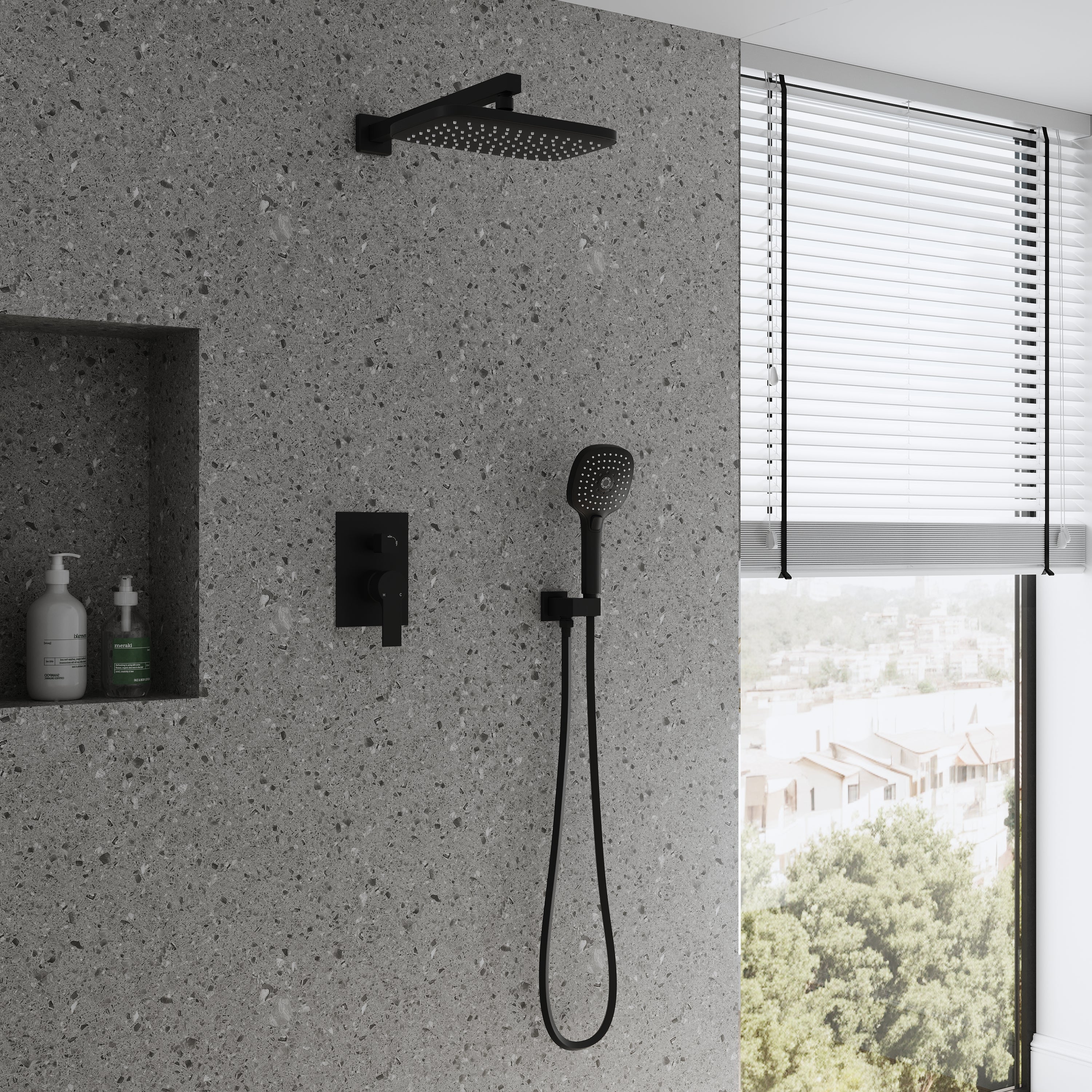 Wall Mount 12" Rainfall Shower Head 2-Spray Combo Shower System Set with 3-Function ABS Hand Shower in Matte Black