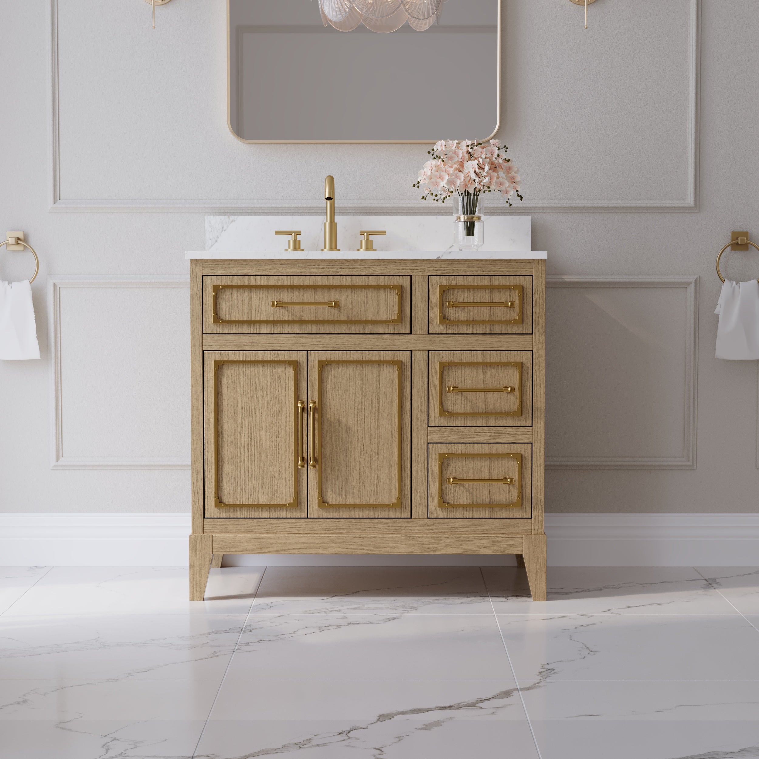 36 Inch Luxury Solid Oak Bathroom Vanity with Calacatta Quartz Countertop & Sink, 3 Soft-Close Drawers and 1 Flip Drawer