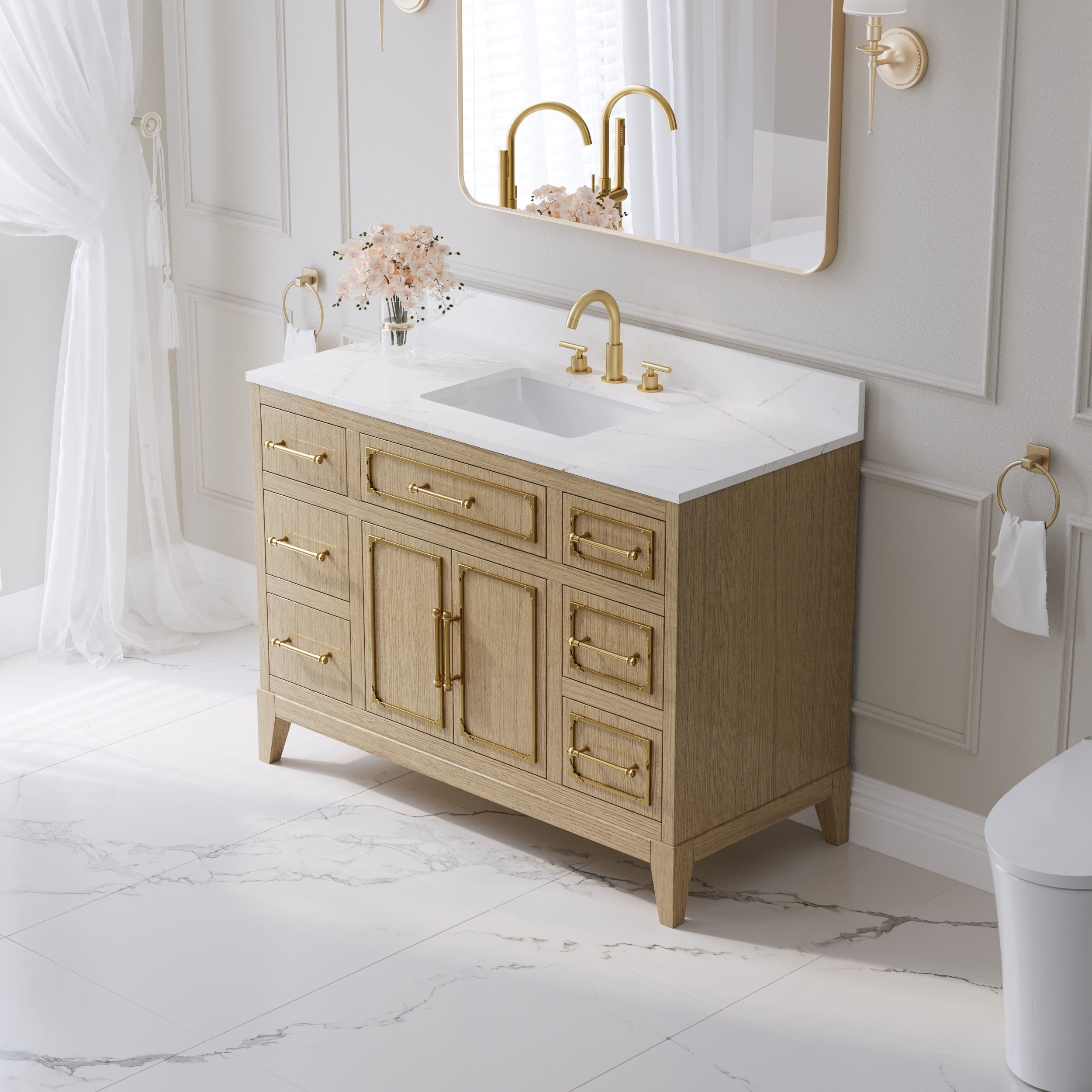 48 Inch Luxury Solid Oak Bathroom Vanity with Calacatta Quartz Countertop & Sink, 6 Soft-Close Drawers and 1 Flip Drawer