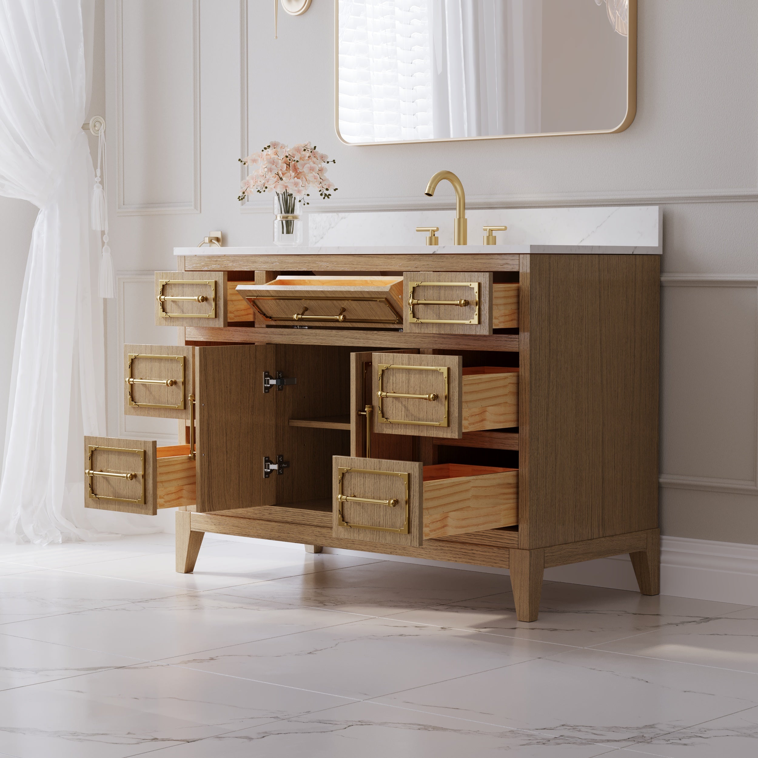 48 Inch Luxury Solid Oak Bathroom Vanity with Calacatta Quartz Countertop & Sink, 6 Soft-Close Drawers and 1 Flip Drawer
