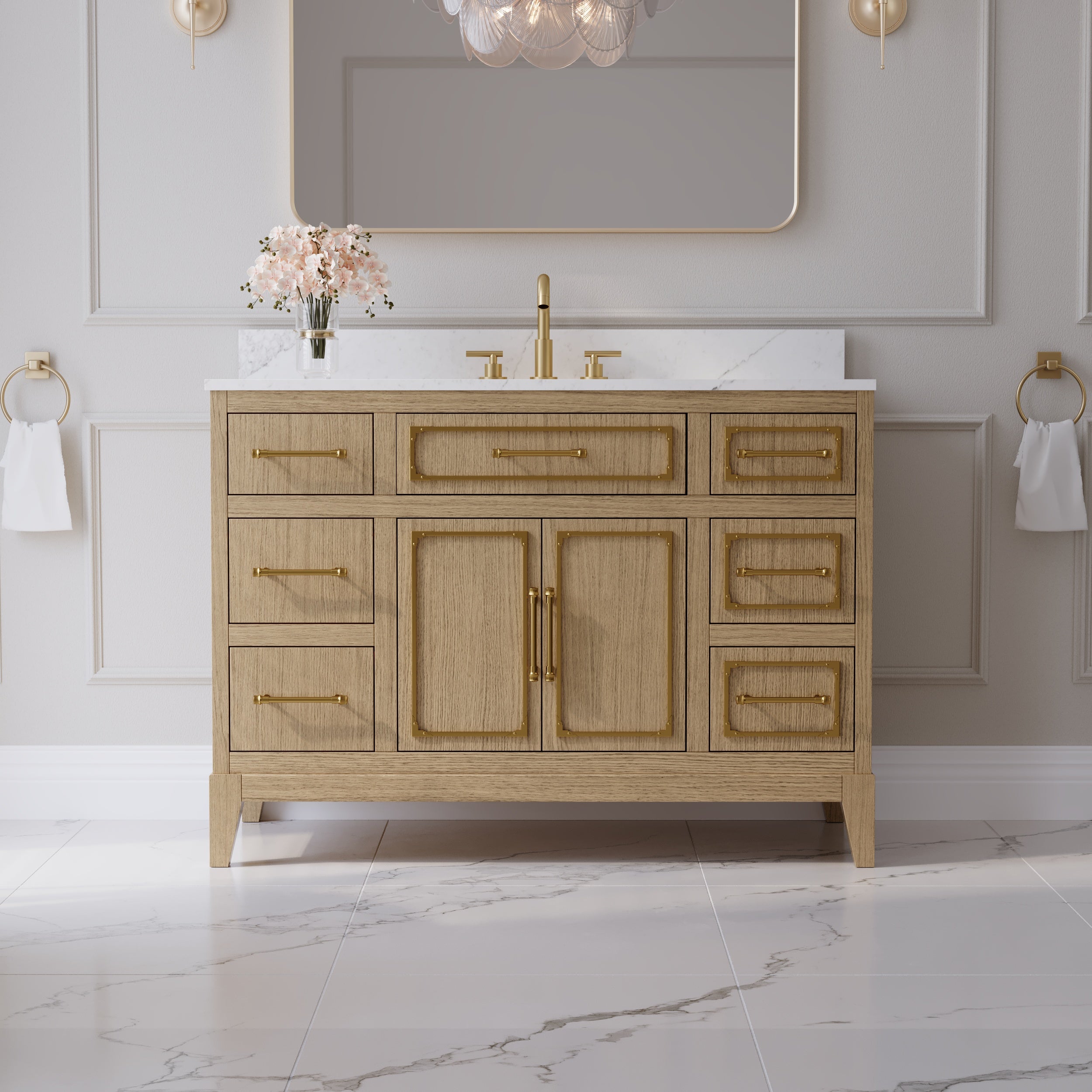 48 Inch Luxury Solid Oak Bathroom Vanity with Calacatta Quartz Countertop & Sink, 6 Soft-Close Drawers and 1 Flip Drawer