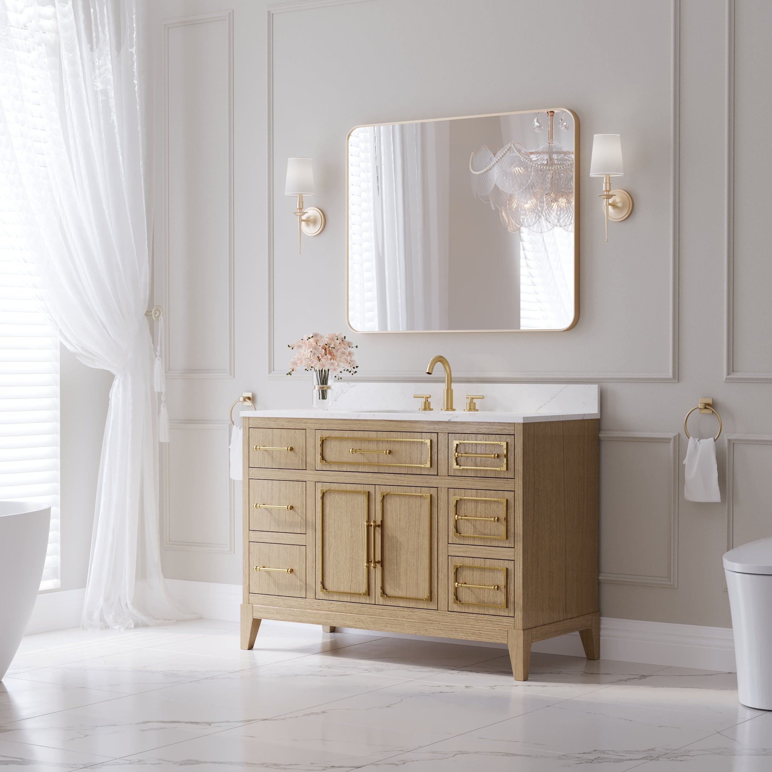 48 Inch Luxury Solid Oak Bathroom Vanity with Calacatta Quartz Countertop & Sink, 6 Soft-Close Drawers and 1 Flip Drawer