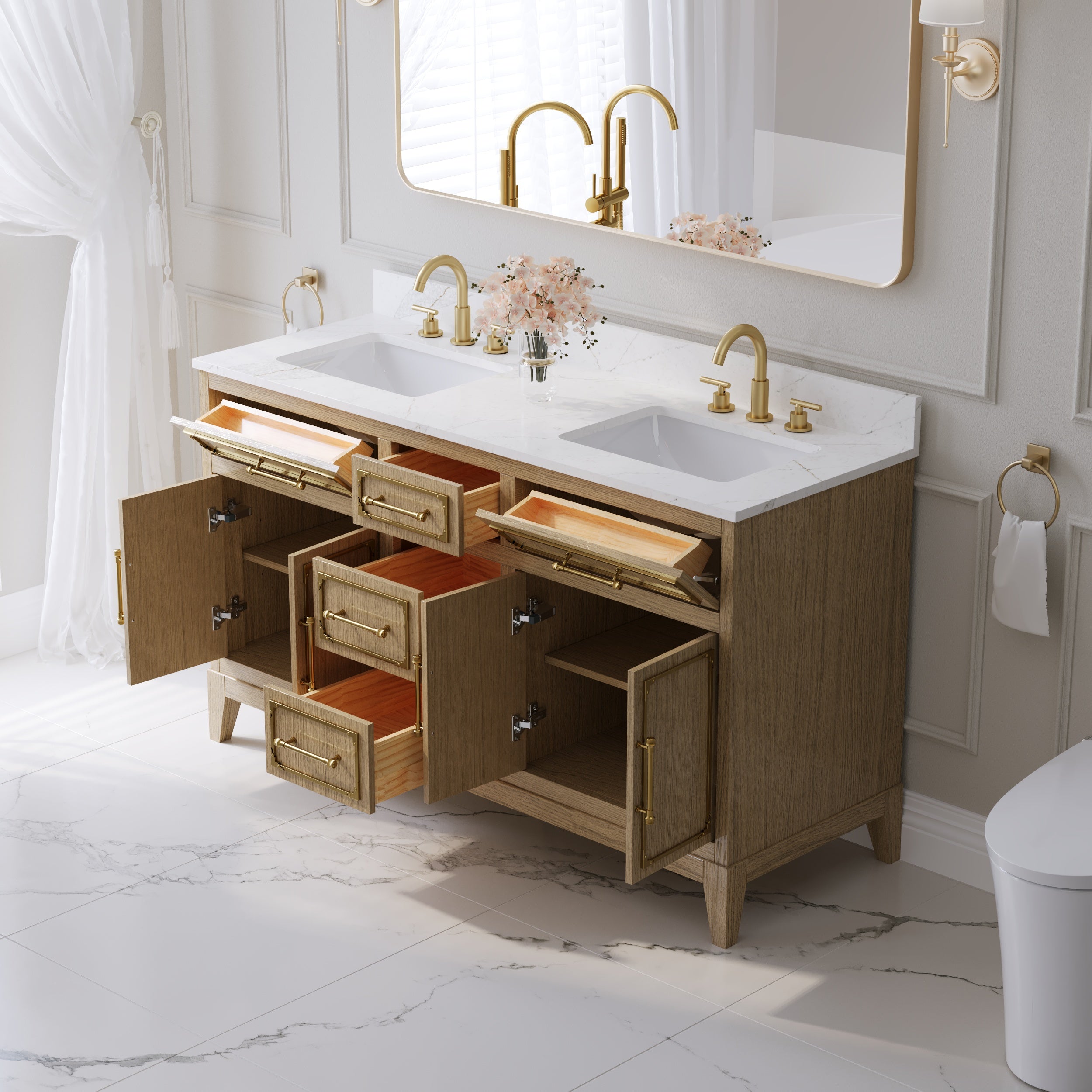 60 Inch Luxury Solid Oak Bathroom Vanity with Calacatta Quartz Countertop & Sinks, 3 Soft-Close Drawers and 2 Flip Drawers