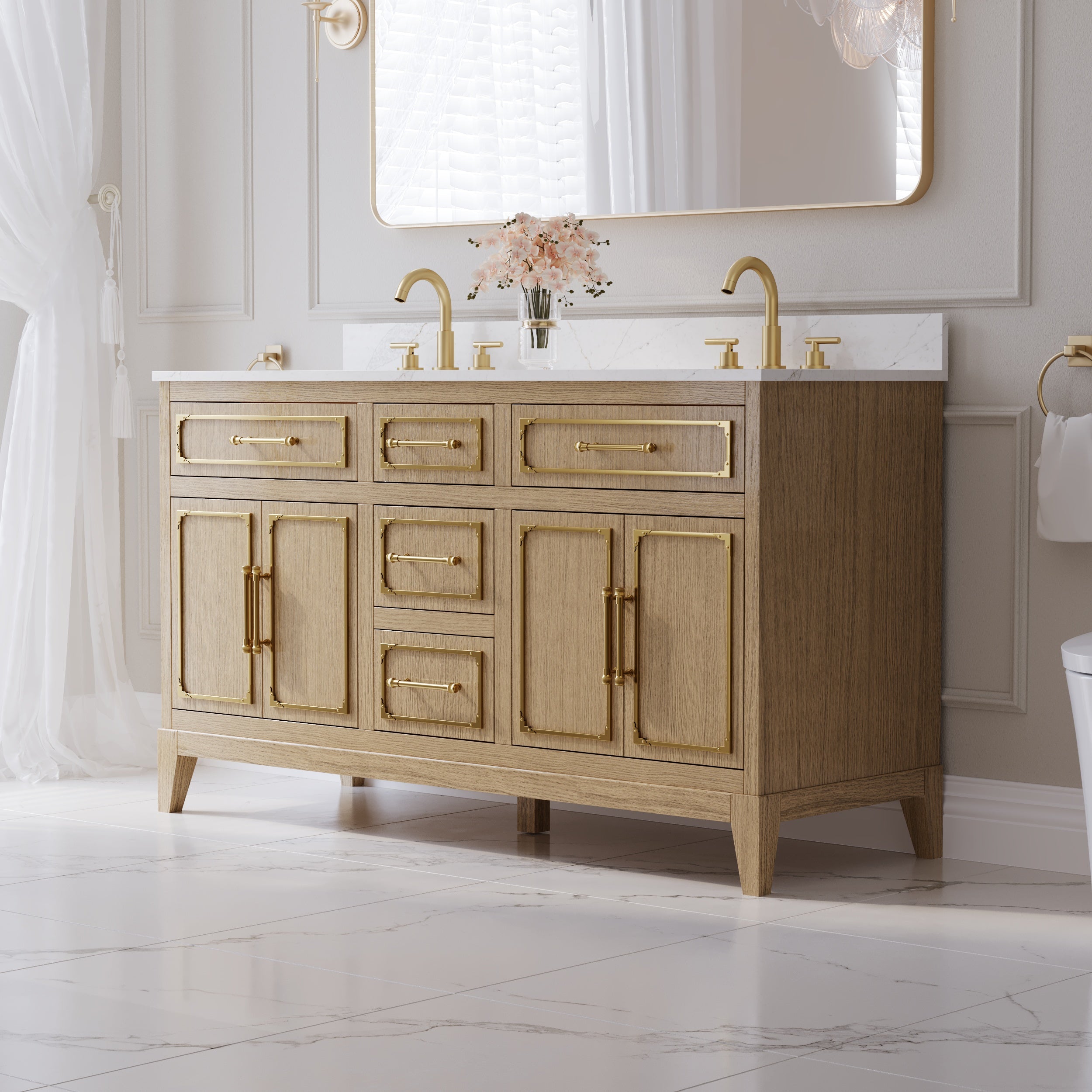 60 Inch Luxury Solid Oak Bathroom Vanity with Calacatta Quartz Countertop & Sinks, 3 Soft-Close Drawers and 2 Flip Drawers
