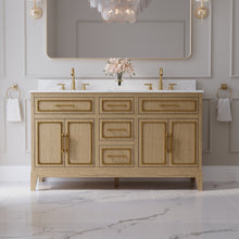 60 Inch Luxury Solid Oak Bathroom Vanity with Calacatta Quartz Countertop & Sinks, 3 Soft-Close Drawers and 2 Flip Drawers