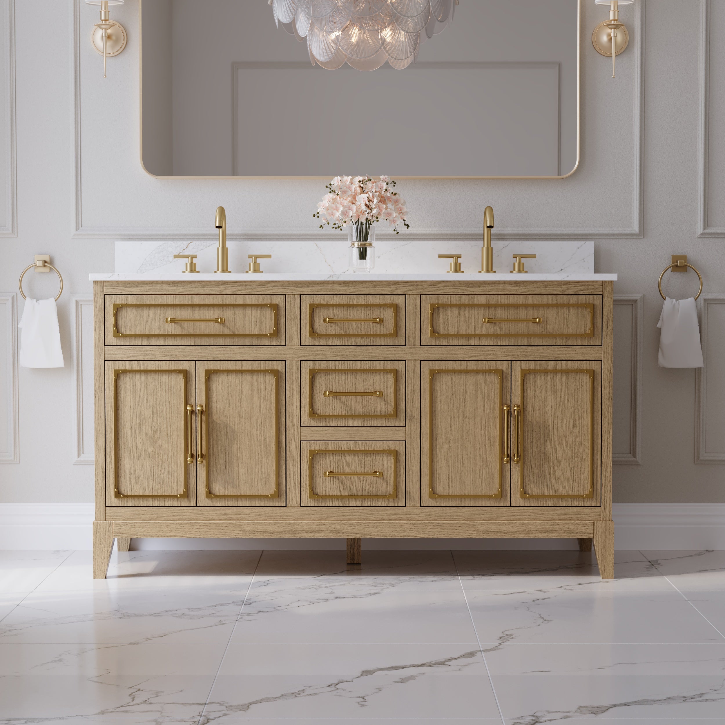 60 Inch Luxury Solid Oak Bathroom Vanity with Calacatta Quartz Countertop & Sinks, 3 Soft-Close Drawers and 2 Flip Drawers