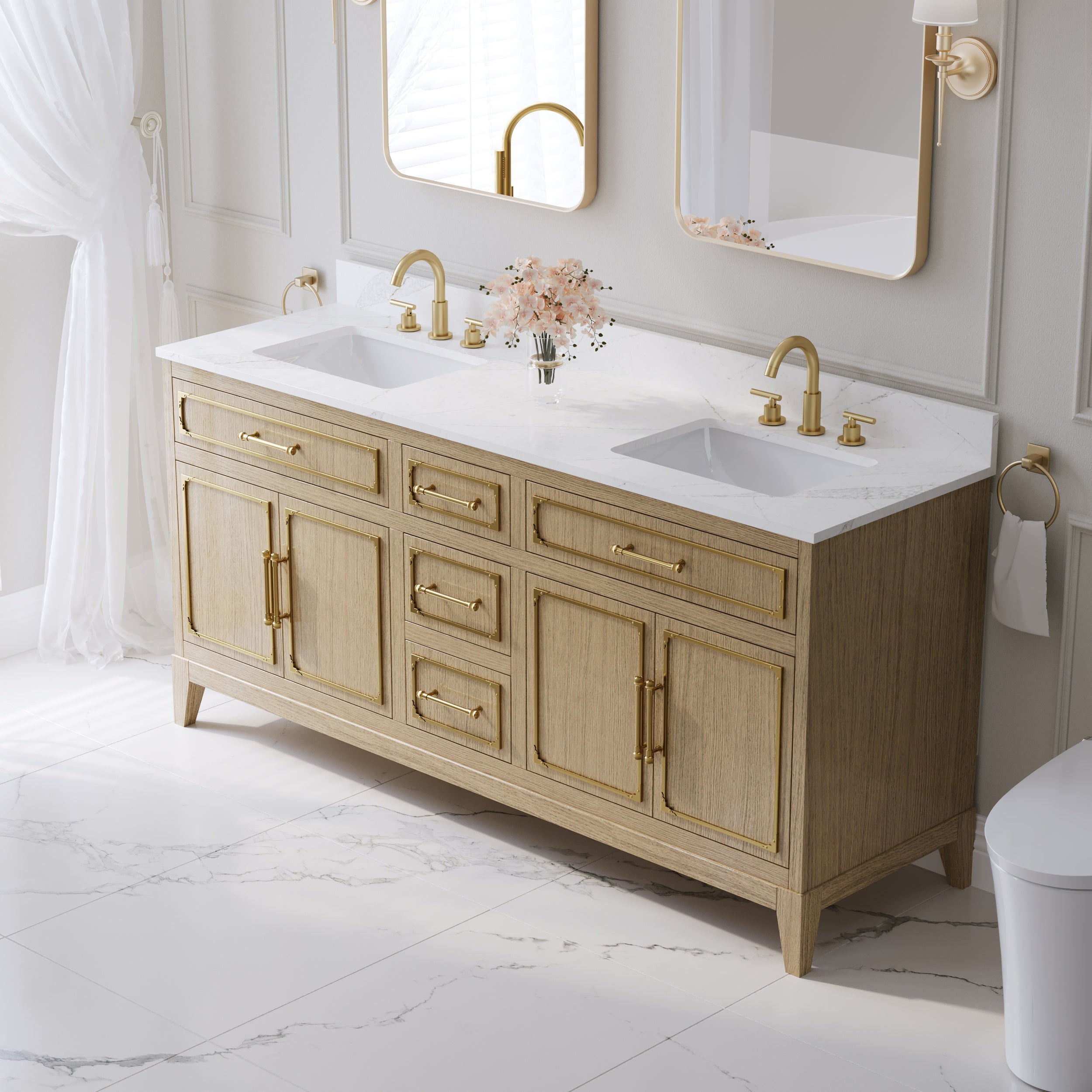 72 Inch Luxury Solid Oak Bathroom Vanity with Calacatta Quartz Countertop & Sinks, 3 Soft-Close Drawers and 2 Flip Drawers