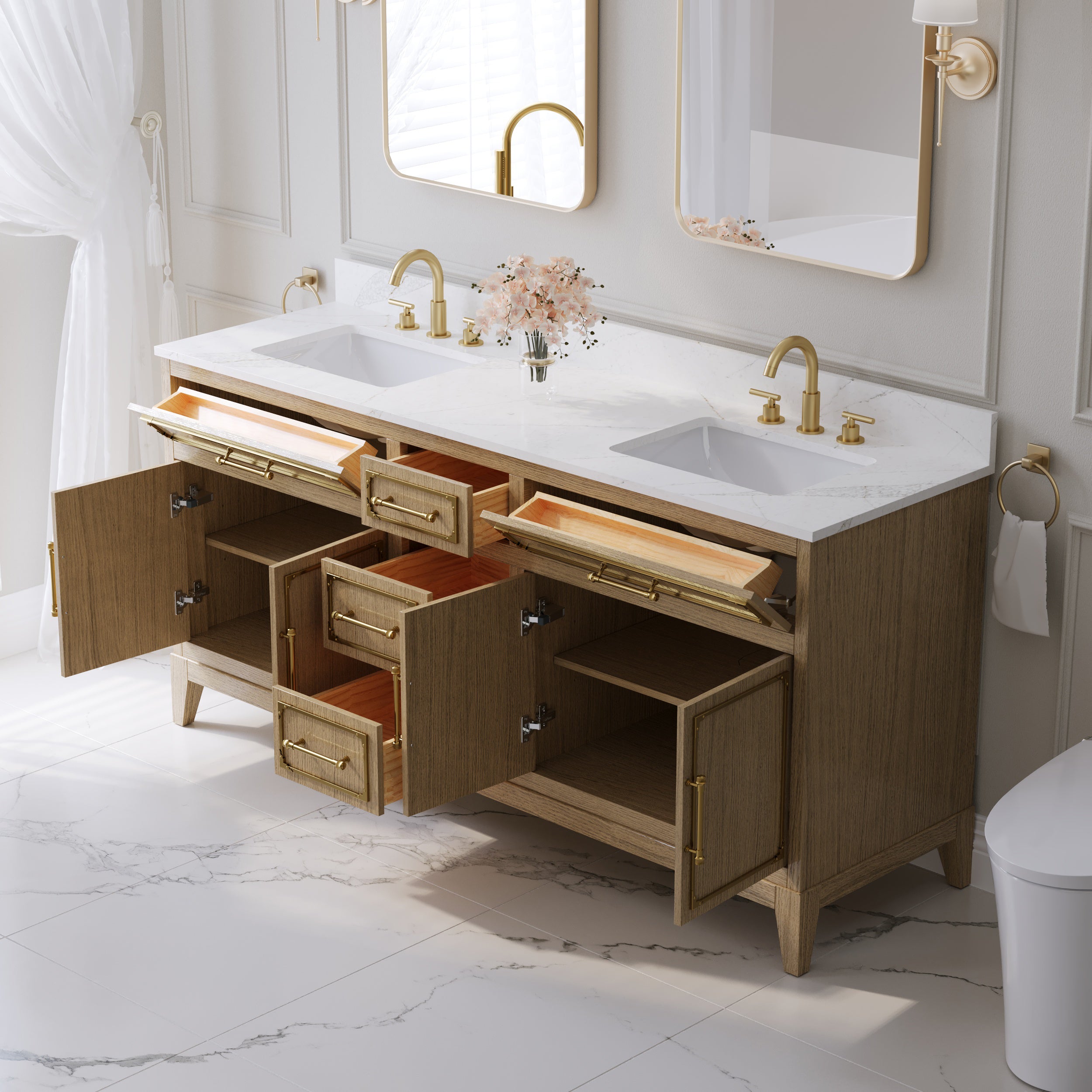 72 Inch Luxury Solid Oak Bathroom Vanity with Calacatta Quartz Countertop & Sinks, 3 Soft-Close Drawers and 2 Flip Drawers