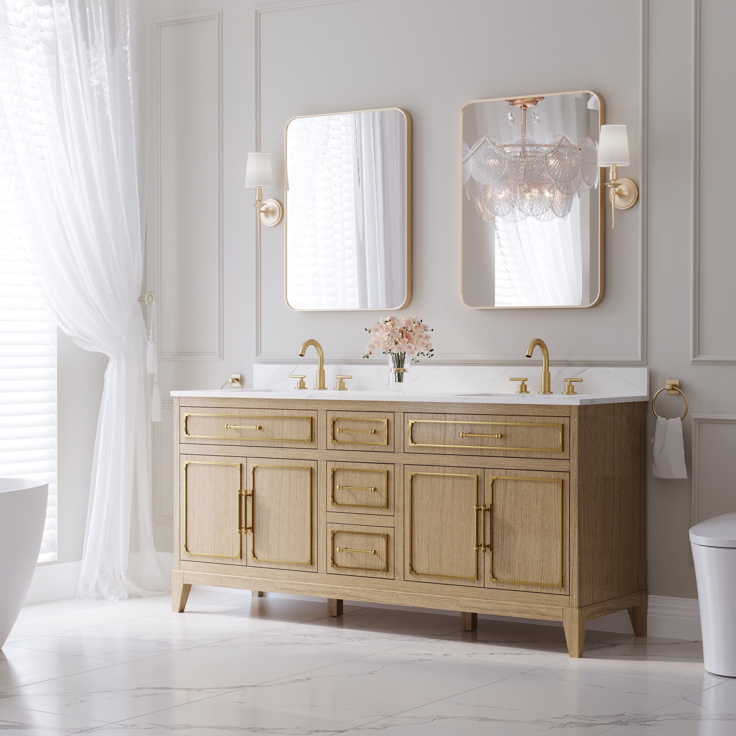 72 Inch Luxury Solid Oak Bathroom Vanity with Calacatta Quartz Countertop & Sinks, 3 Soft-Close Drawers and 2 Flip Drawers