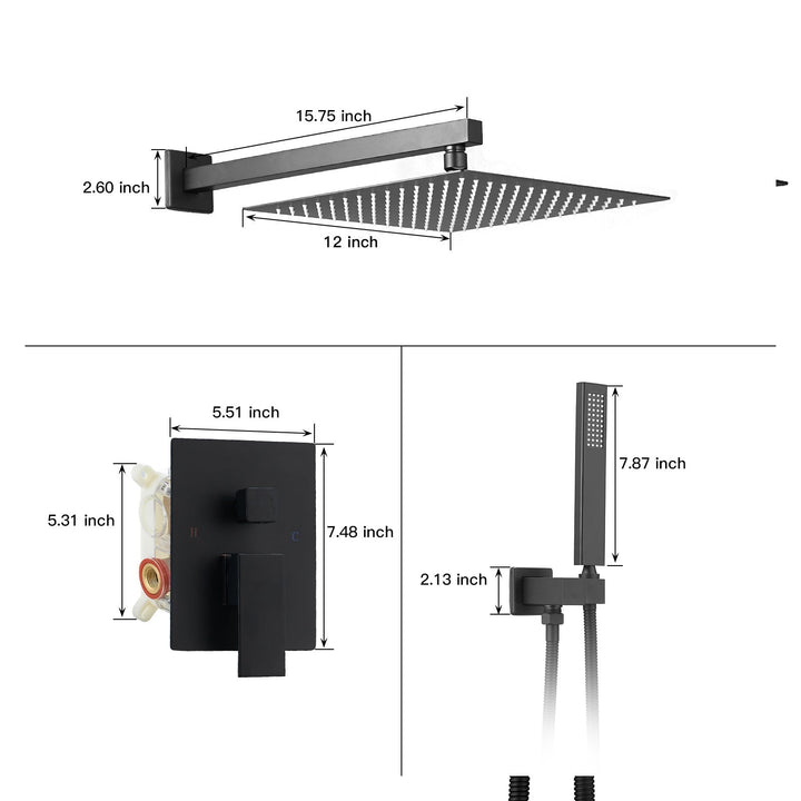 10inch/ 12inch/ 16inch Showerhead Single-Handle 2-Spray Square  Shower Faucet Valve Included
