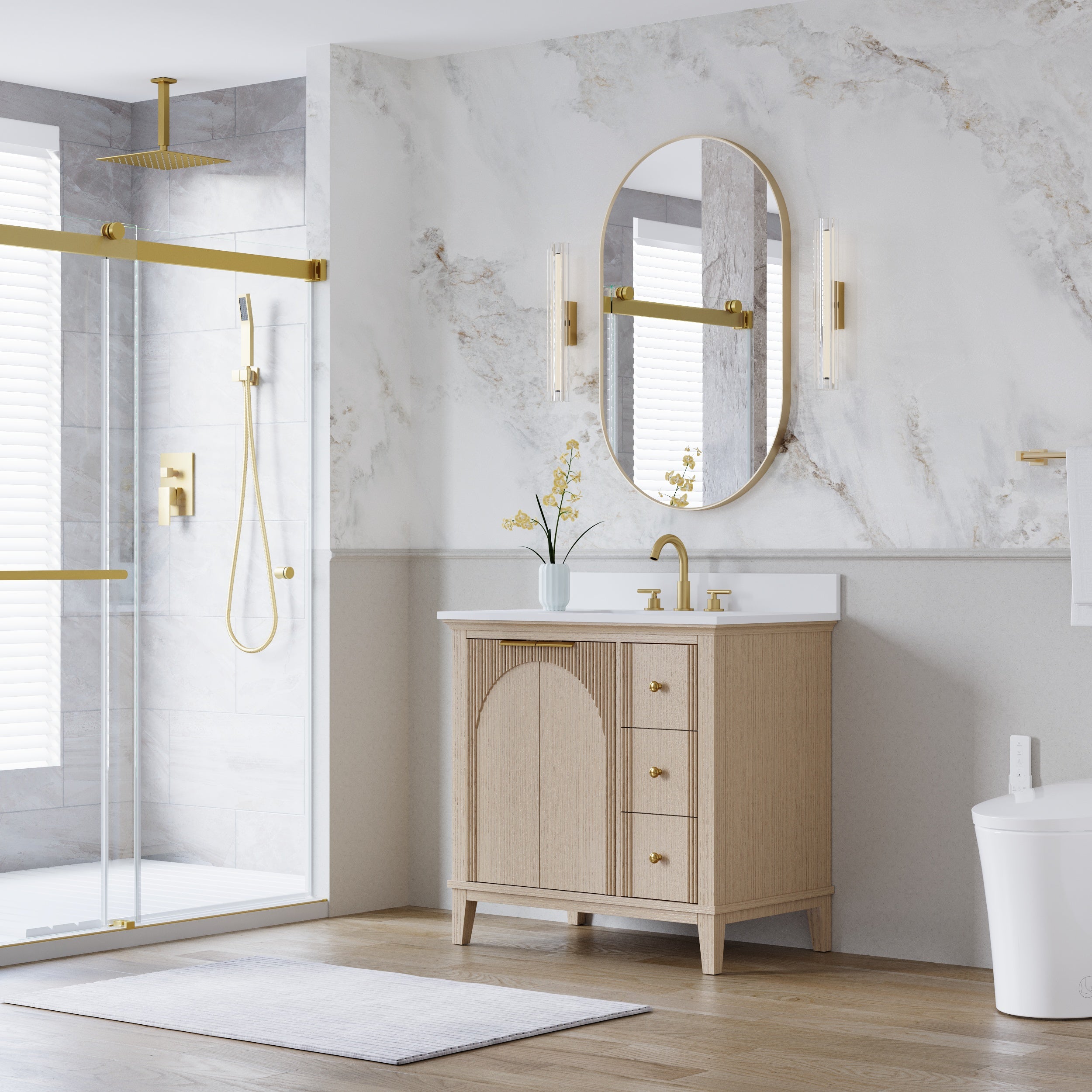 36 Inch Modern Light Oak Solid Wood Bathroom Vanity with White Quartz Countertop & Soft-Close Drawers