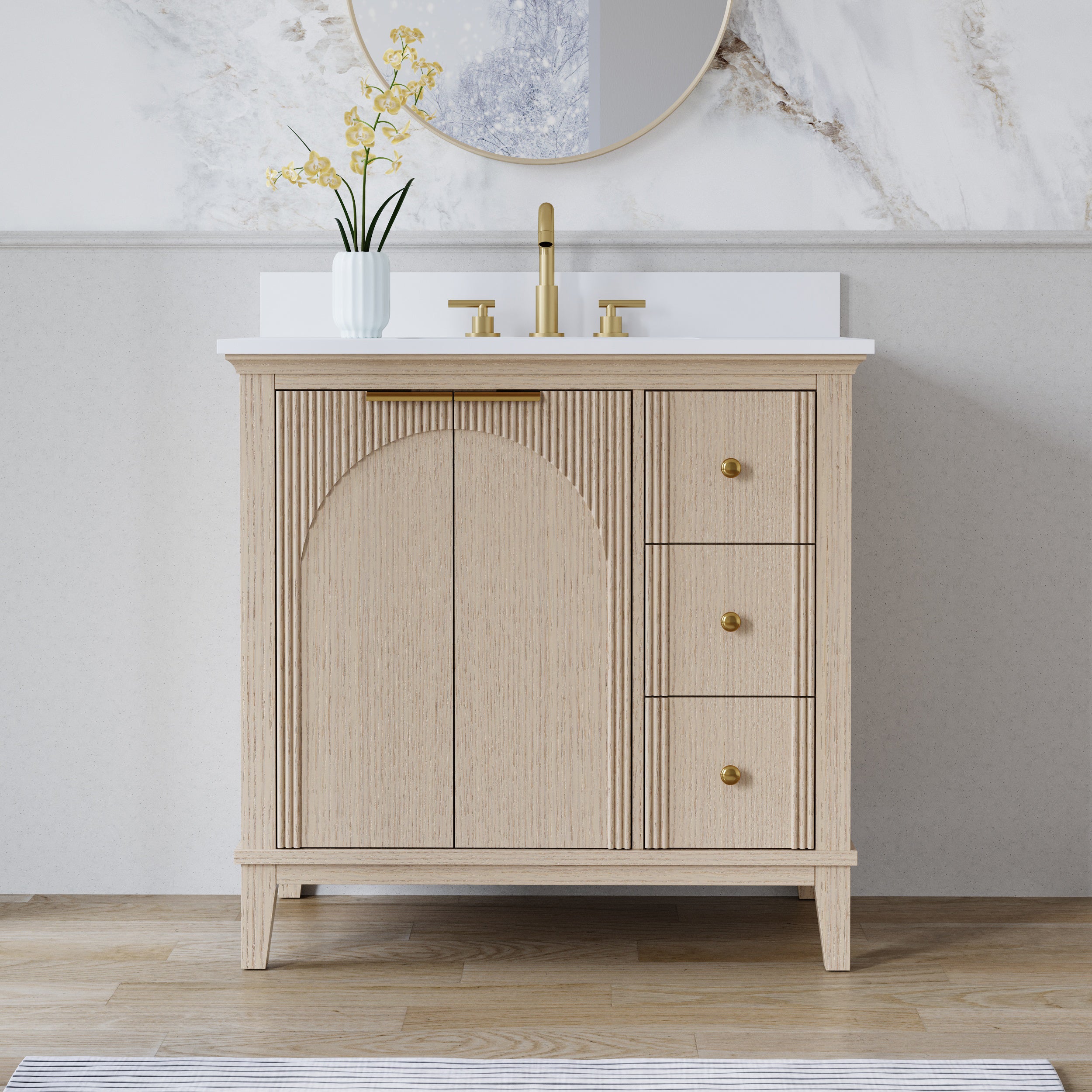 36 Inch Modern Light Oak Solid Wood Bathroom Vanity with White Quartz Countertop & Soft-Close Drawers