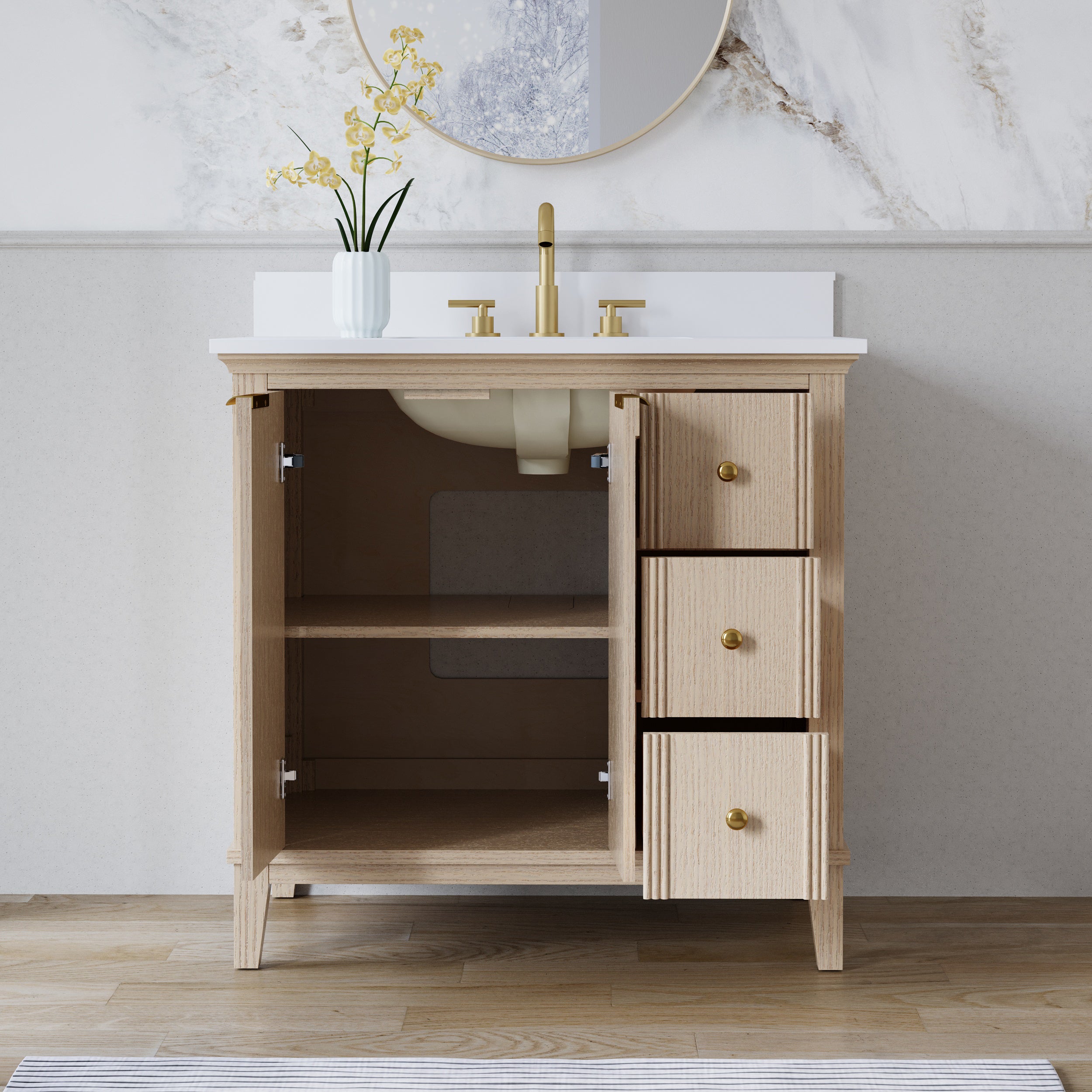 36 Inch Modern Light Oak Solid Wood Bathroom Vanity with White Quartz Countertop & Soft-Close Drawers