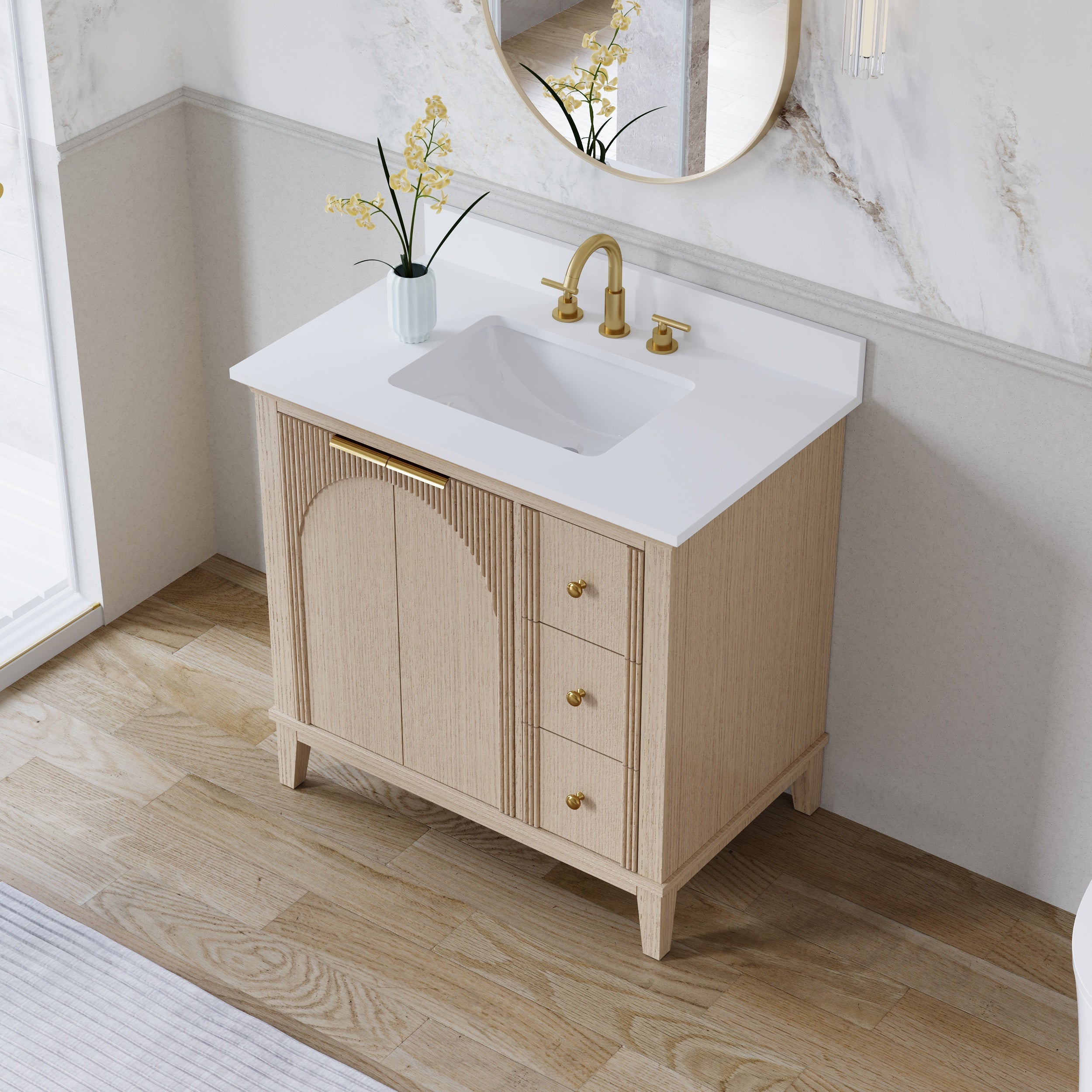 36 Inch Modern Light Oak Solid Wood Bathroom Vanity with White Quartz Countertop & Soft-Close Drawers