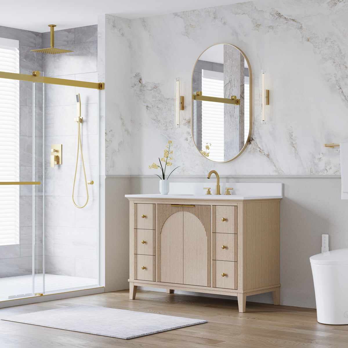 48 Inch Modern Light Oak Solid Wood Bathroom Vanity with White Quartz Countertop & Soft-Close Drawers